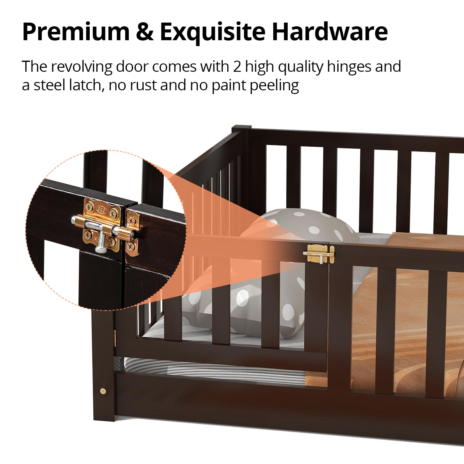 Montessori Floor Bed for Kids - Sturdy Wooden Full Size Bed Frame with Slats, Safety Fence & Door - Natural Espresso Finish - Perfect for Toddler Rooms, Daycare Centers & Montessori Classrooms