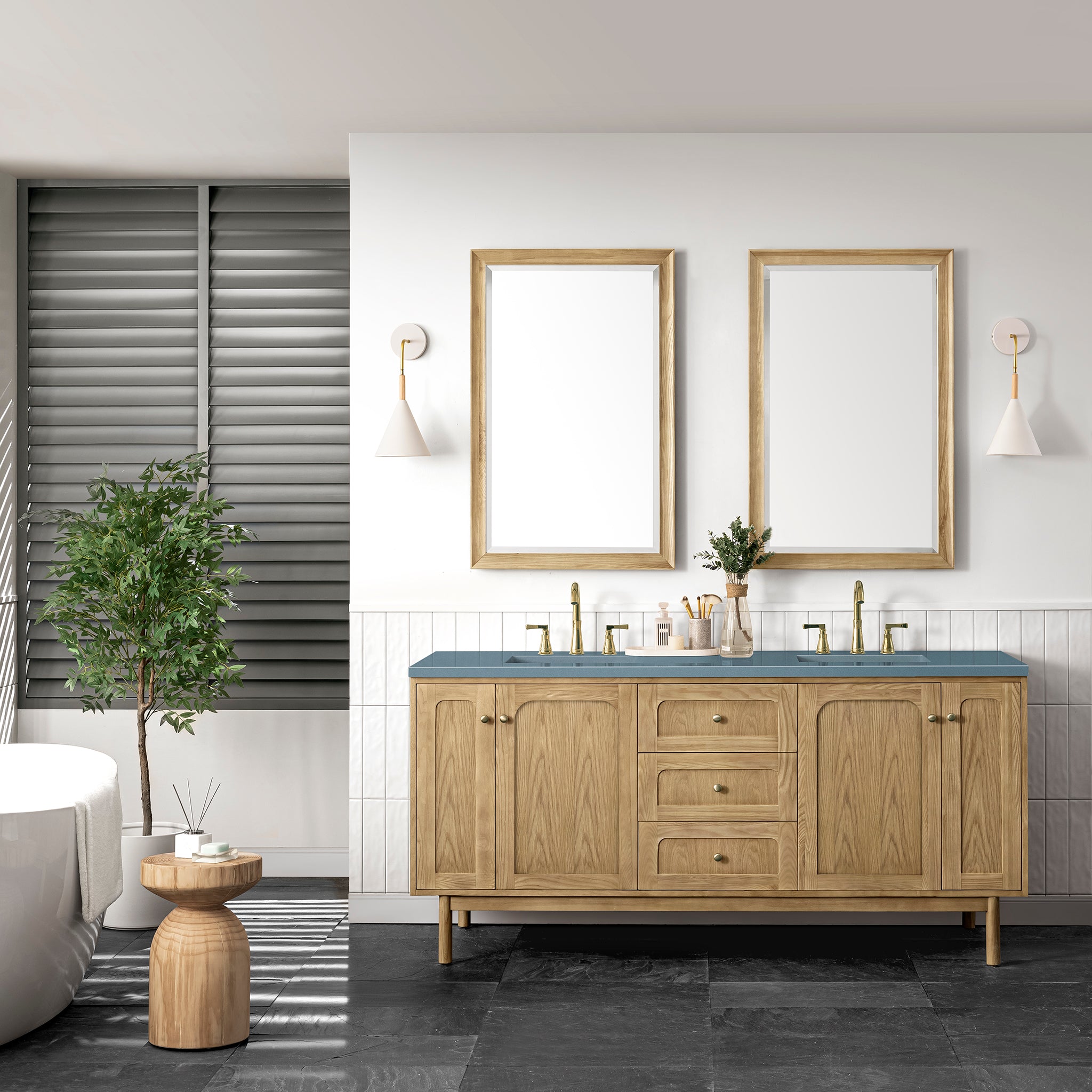 Laurent 72 Inch Double Bathroom Vanity with Light Natural Oak Finish & 3CM Cala Blue Quartz Top - Modern Bathroom Storage Solution for Master Bath or Guest Suite