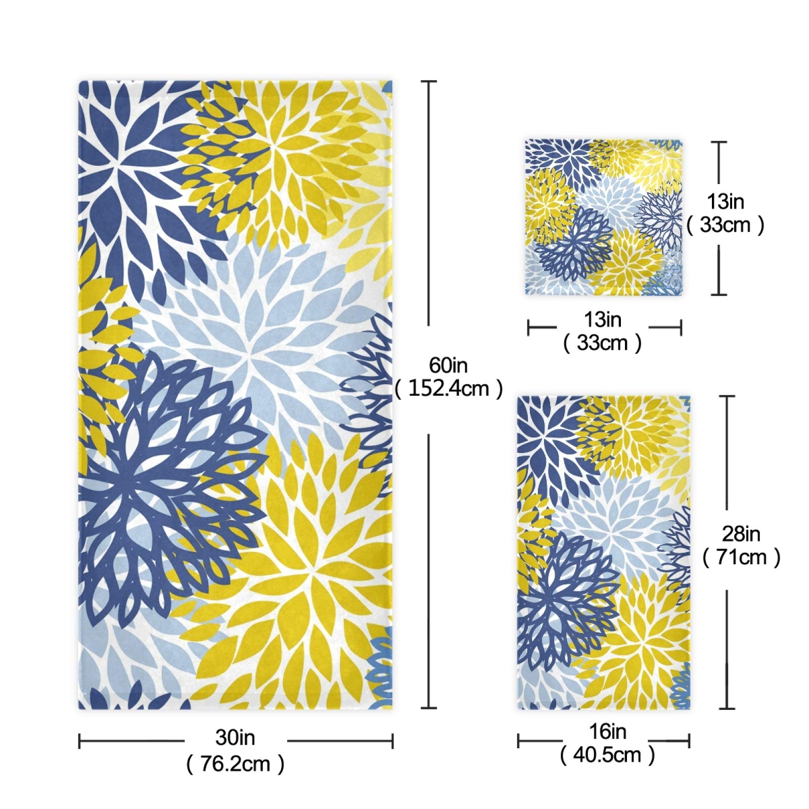 Premium Blue Yellow Navy Chrysanthemum Flower Bath Towel Set - 1 Bath Towel, 1 Hand Towel, 1 Washcloth - Soft Absorbent Cotton Towels for Bathroom, Kitchen & Spa Decor - Perfect for Home, Hotel & Gift Giving