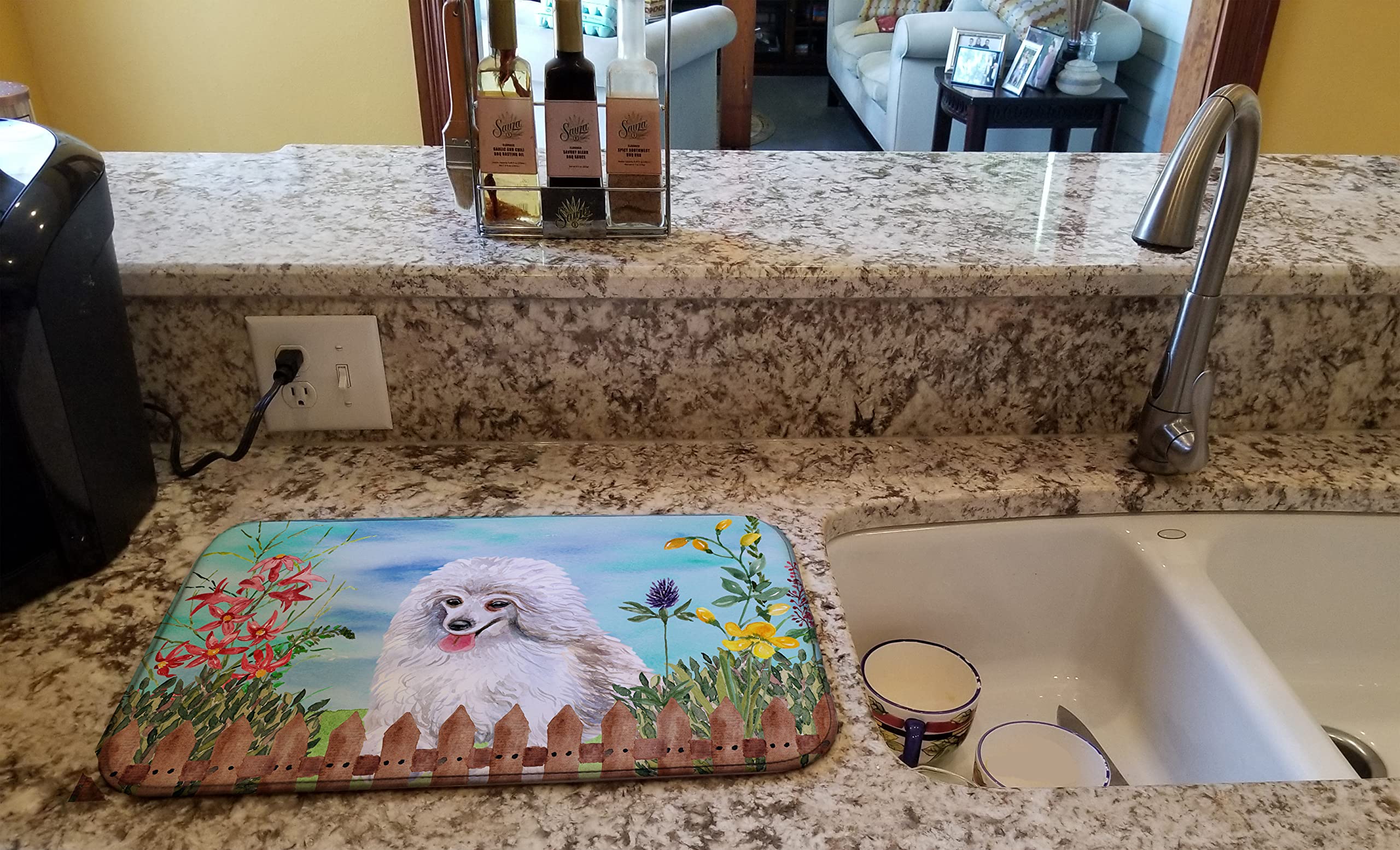 White Poodle Dish Drying Mat - Absorbent Kitchen Counter Pad (14x21