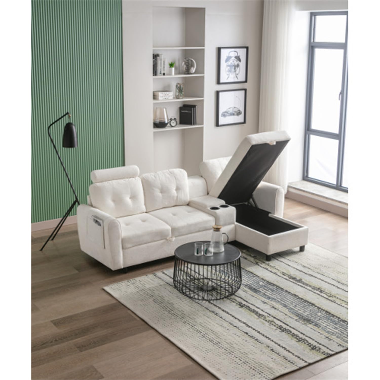 Modern L-Shaped Sectional Sofa with Storage Chaise - 3-Seater Fabric Upholstered Couch with 2 Cup Holders & Side Pockets - Cozy Living Room Furniture for Apartments, Offices & Small Spaces (White) - Perfect for Entertaining Guests or Relaxing with Family
