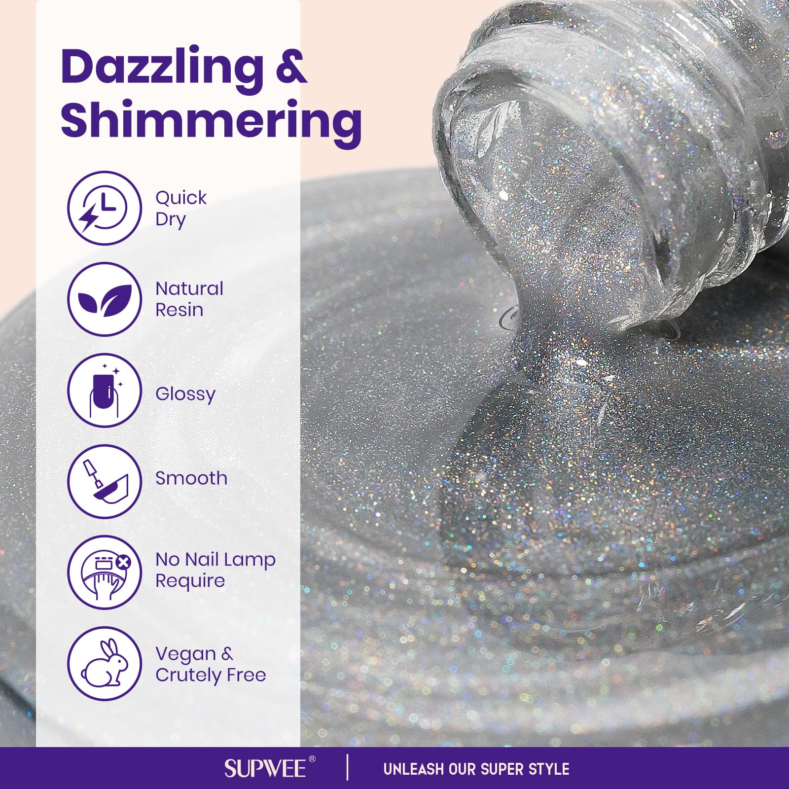 SUPWEE Holographic Nail Polish - 16ML Laser Effect Silver Mirror Glitter Nail Varnish, Quick Dry Shimmer Metallic Polish for Nail Art, Long Lasting No UV Light Needed | Perfect for Parties, Weddings, and Special Occasions
