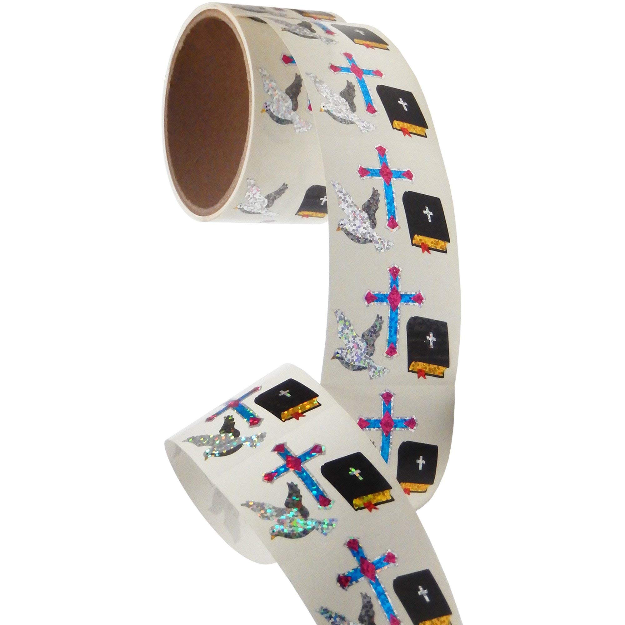 Bulk Roll Prismatic Stickers - Dove, Cross & Bible Designs (100 Repeats) | Waterproof Decals for Scrapbooking, Journals, Laptops & DIY Crafts