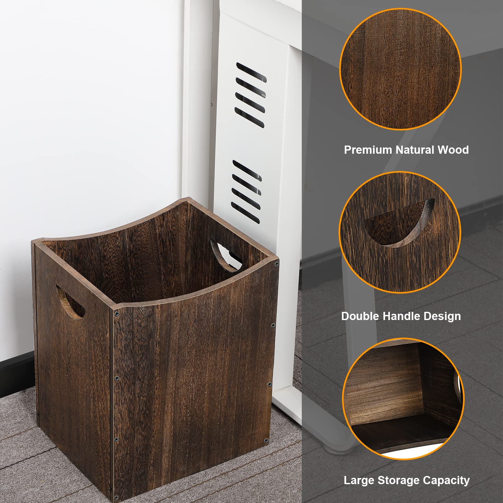 5.3 Gallon Wooden Trash Can with Built-in Handles - Farmhouse Style Rectangular Office Waste Basket for Kitchen, Bathroom, Bedroom & Under Desk - Eco-Friendly Home Storage Solution for Waste Management & Organization