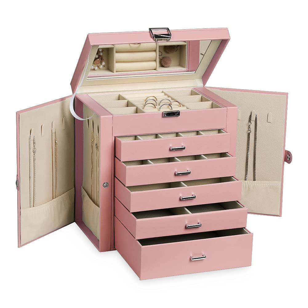 Frebeauty 6-Tier PU Leather Jewelry Organizer with Mirror & 5 Drawers - Pink for Necklaces, Bracelets & Watches Storage
