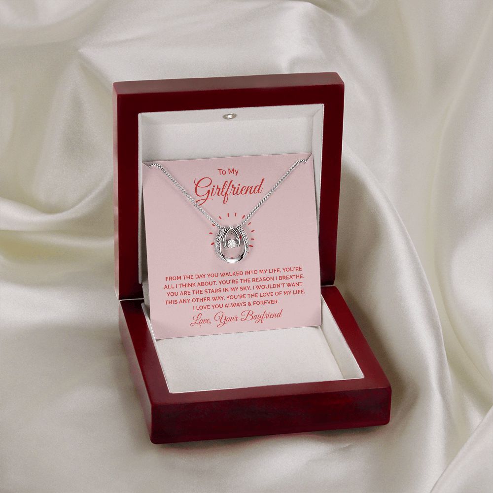 Lucky in Love Necklace for Girlfriend - White Gold Cubic Zirconia Pendant - Romantic Gift from Boyfriend - Perfect for Anniversaries, Valentine's Day & Special Occasions