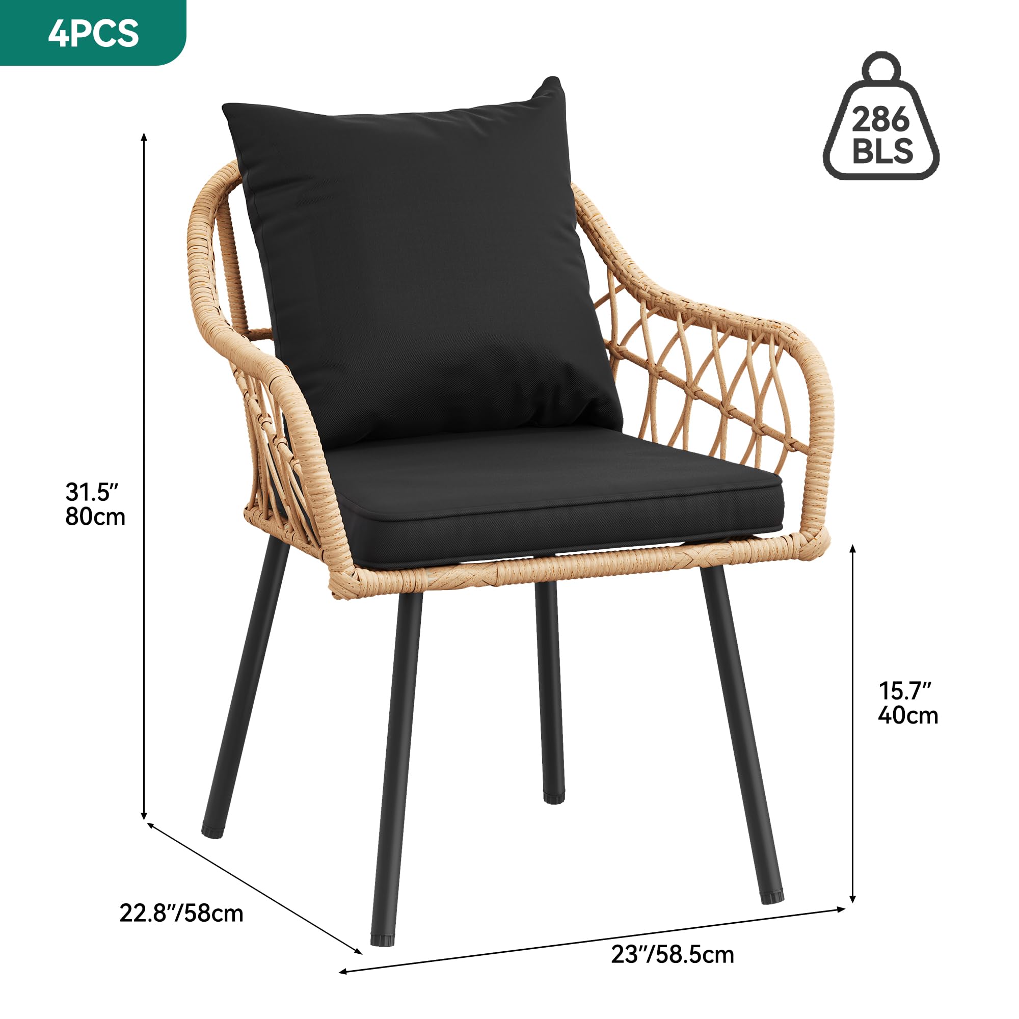 YITAHOME 4-Piece Patio Chairs Set, All-Weather Wicker Outdoor Dining Chairs with Comfortable Cushions, Light Brown & Black Rattan Conversation Chairs for Backyard, Deck, Garden, and Poolside Relaxation