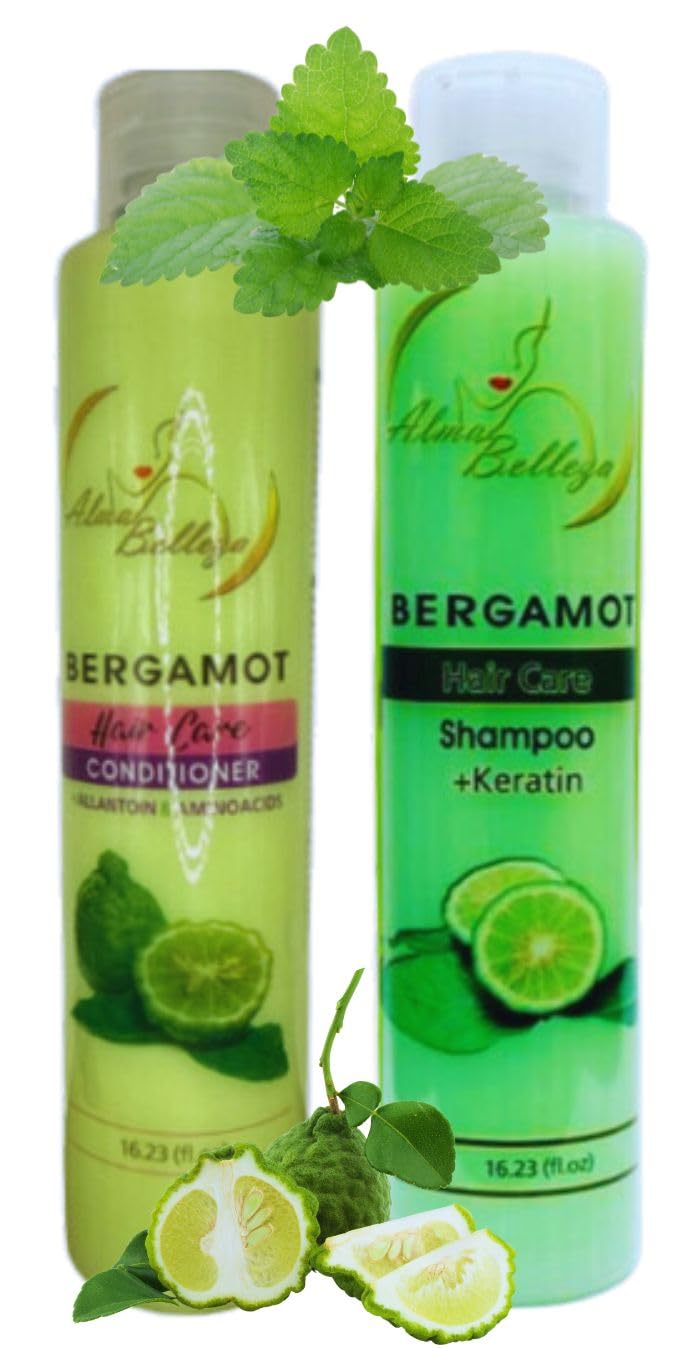 Bergamot Shampoo with Keratin & Bergamot Conditioner with Allantoin & Amino Acids - 16.23oz Each | Bergamot Essential Oil 4.05 fl oz | Mascara 13g - Premium Hair & Eyelash Care Kit by Alma Belleza | For Dry, Damaged Hair & Voluminous Lashes | Salon-Quality Home Hair Treatment