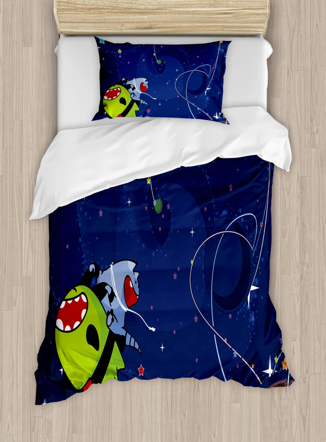 Ambesonne Space Cat Duvet Cover Set - Cartoon Kittens & Alien Creatures with Stars & Planets on Abstract Design - 2-Piece Cal King Bedding Set (2 Duvet Covers + 4 Pillowcases) in Green, Brown & Dark Blue - Perfect for Kids' Rooms, Space-Themed Bedrooms & Sci-Fi Lovers