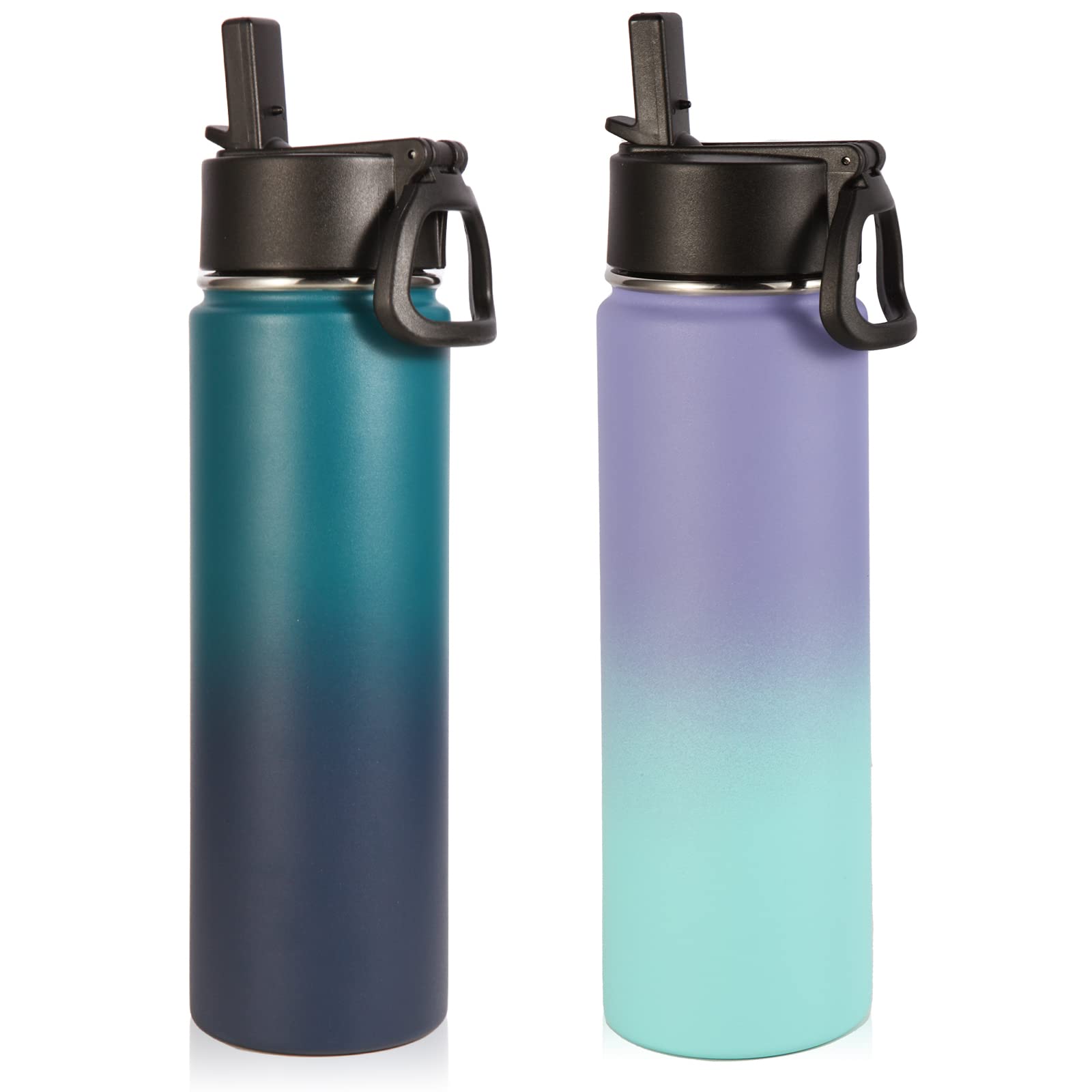 Volhoply 22 oz Insulated Stainless Steel Water Bottles with Straw & Handle Lid - 2 Pack, Double Walled Metal Sports Bottles for Gym, Hiking & Outdoor Activities - Wide Mouth Reusable Cold Water Flask (Assorted Colors)