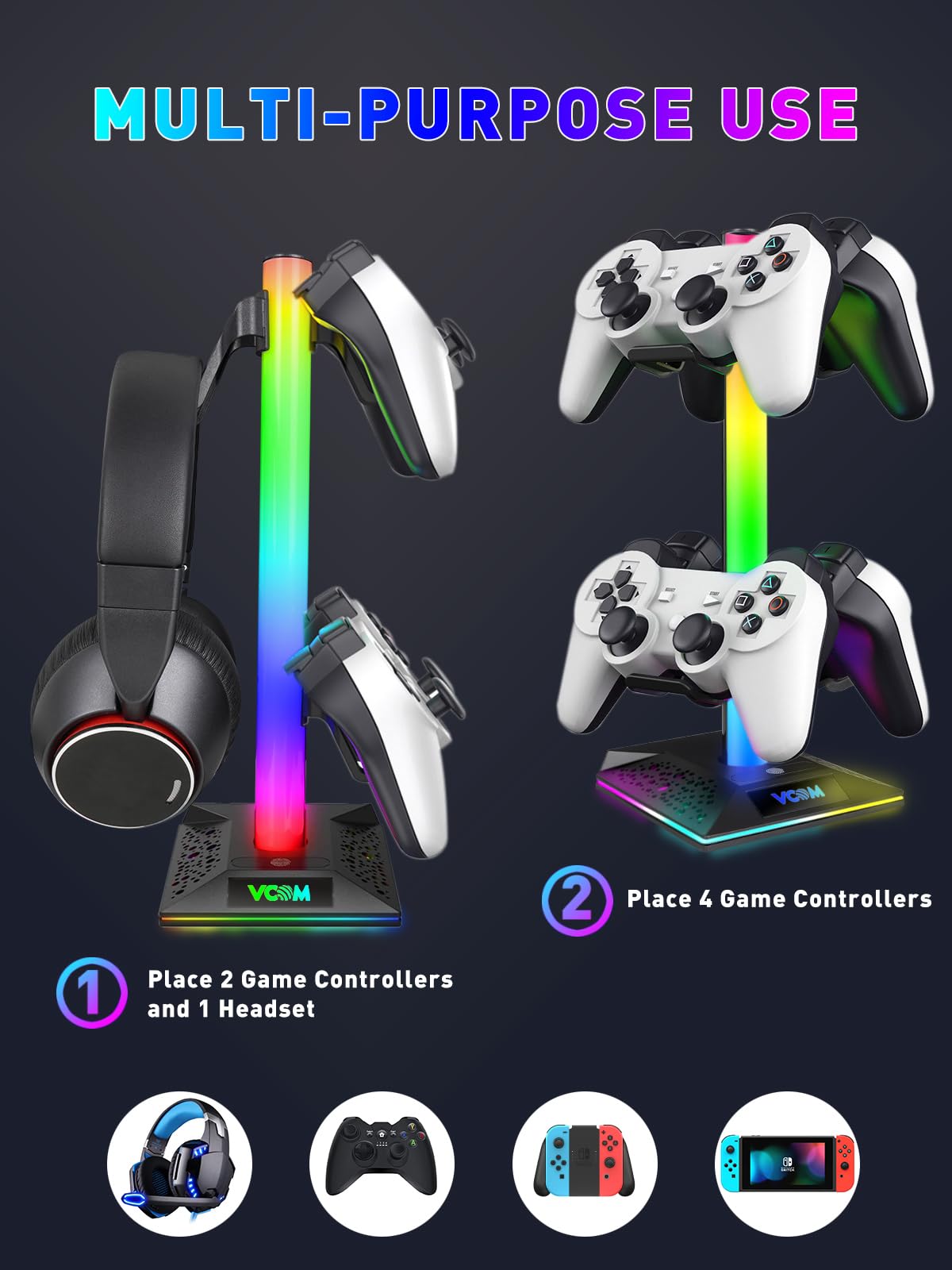 RGB Gaming Headphones Stand with 2 USB Ports & 10 Light Modes - Non-Slip Rubber Base for All Headsets - Perfect Gaming Desk Accessory for Gamers, Kids, Boyfriend - Ideal Gift for Husband & Gaming Enthusiasts