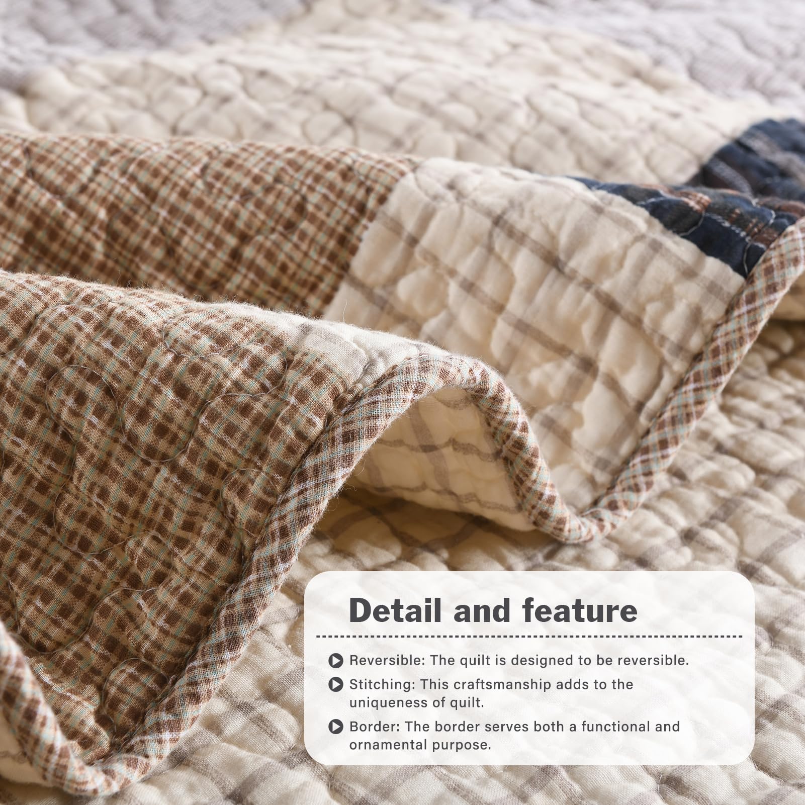Farmhouse Style Queen Size Quilt Set - 100% Cotton Plaid Bedspread with 2 Pillow Shams | Lightweight & Breathable Quilted Bedding in Brown Tan | 90x98 Inch | Perfect for Cozy Farmhouse Bedrooms, Guest Rooms & Rustic Home Decor