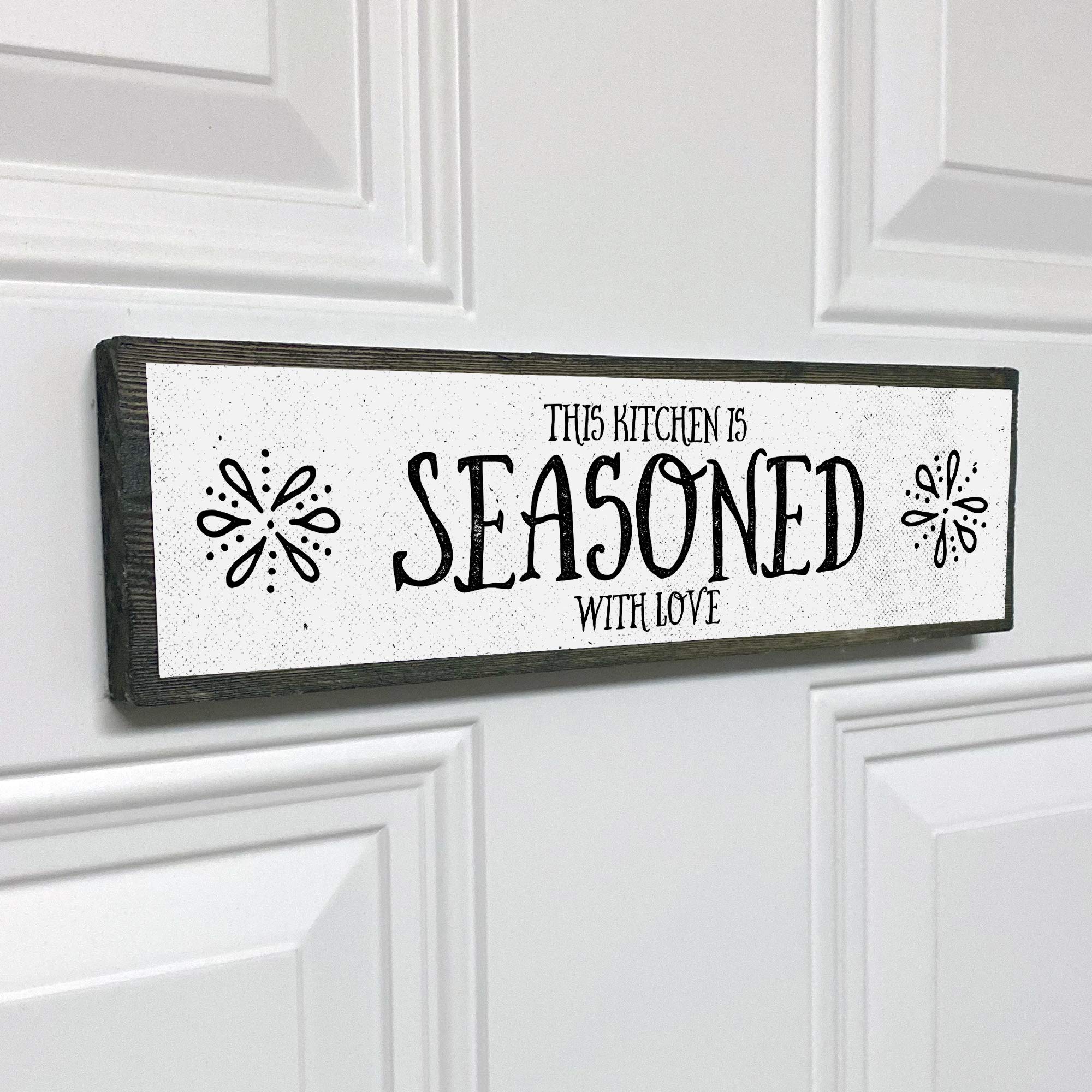 Rustic Wooden Kitchen Signs - Medium Size with Wood & Metal Design, 'This Kitchen is Seasoned With Love' - Perfect for Farmhouse Decor, Housewarming Gifts & Cozy Home Kitchen Wall Art