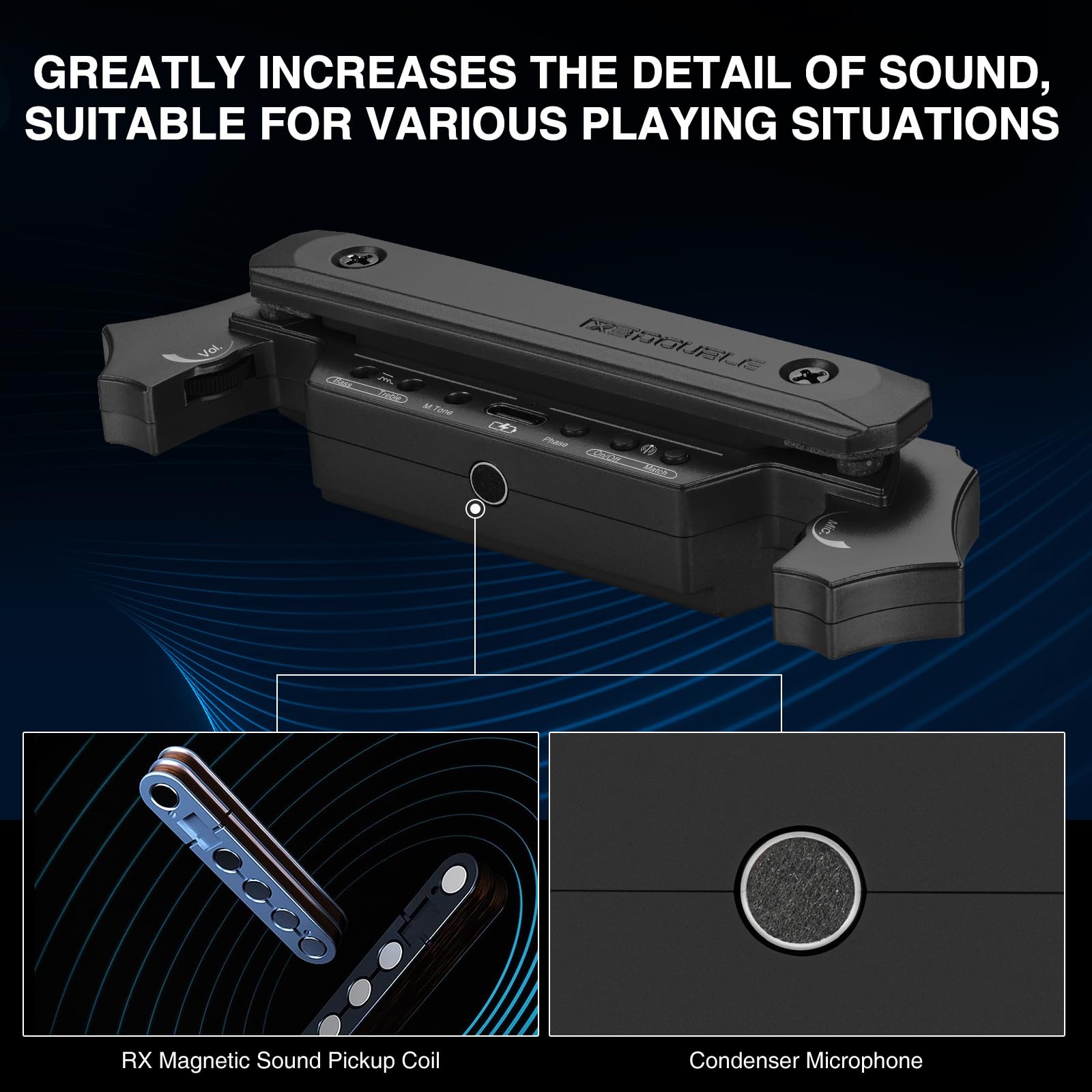 Rechargeable Wireless Acoustic Guitar Pickup - Magnetic & Microphone Soundhole Pickup with Built-In Volume Control (Black) | Perfect for Live Performances & Studio Recording
