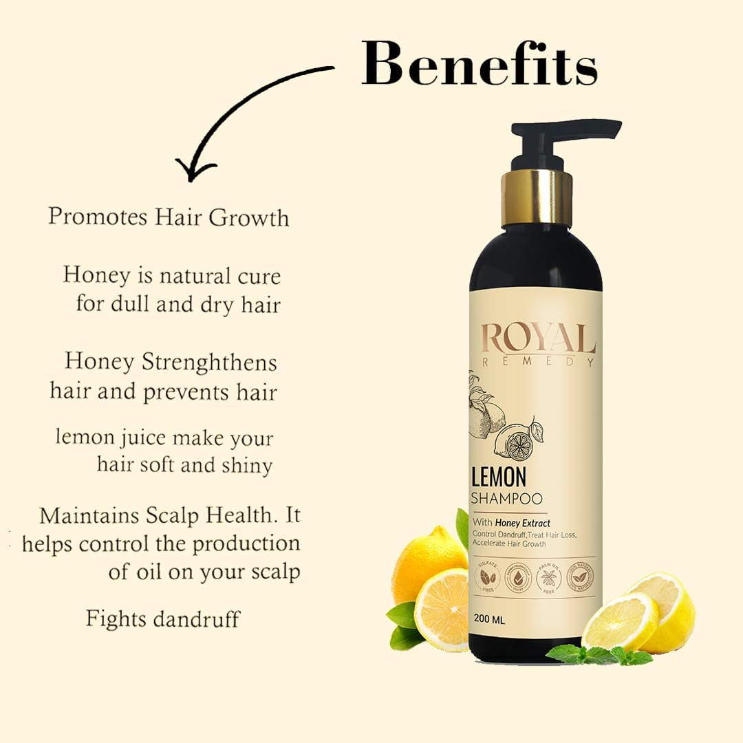 Royal Remedy Lemon & Honey Extract Shampoo - Anti Dandruff, Hair Loss Treatment & Growth Stimulator with Plant Keratin | 200ml for Men & Women | Perfect for Dry Scalp & Thinning Hair Care
