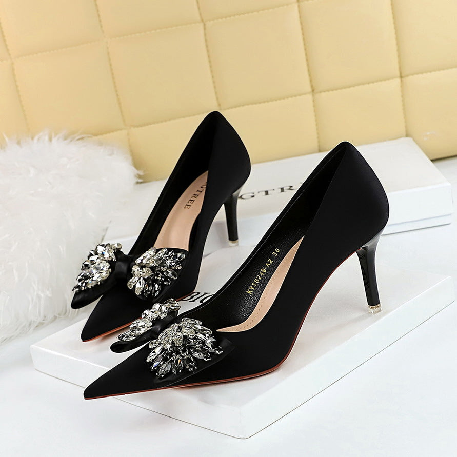 2025 Women's Banquet High Heels - 18249 H3 Style Super High Stiletto Pointed Toe Rhinestone Bow Dress Shoes for Parties, Weddings & Special Occasions