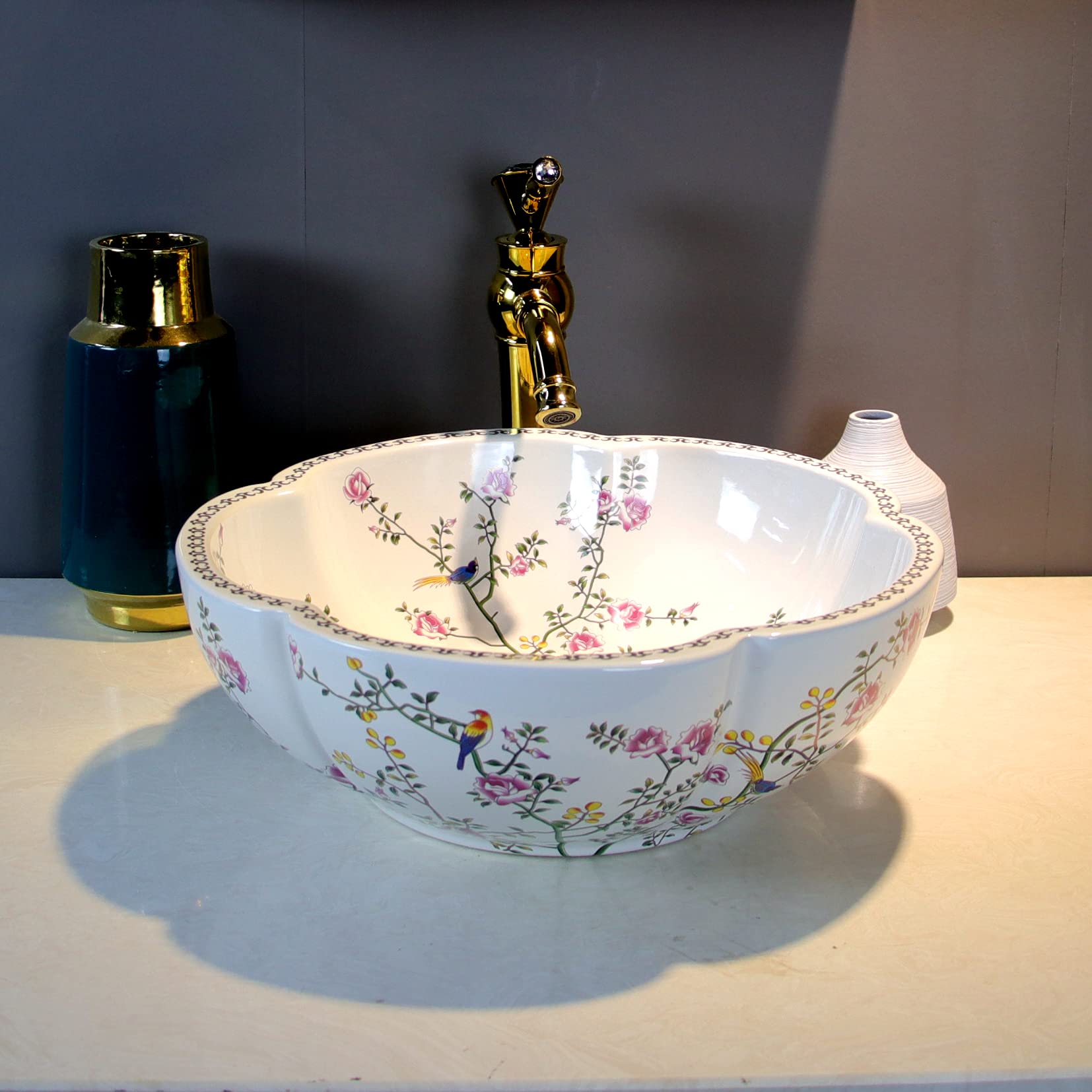 White Ceramic Vessel Sink Bowl - Handcrafted Floral & Bird Design Above Counter Bathroom Vanity Basin (Sink Only) - Perfect for Modern Farmhouse, Boho Chic, or Spa-Style Bathroom Decor