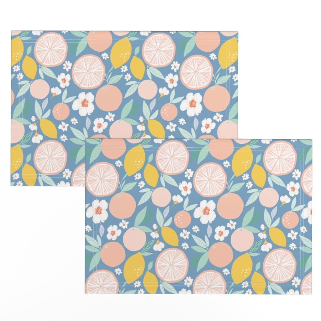 Spoonflower Linen Cotton Canvas Placemats Set of 2 - Bloom Grapefruit Lemon Nursery Print Washable Table Mats for Dining, Kitchen, and Home Decor