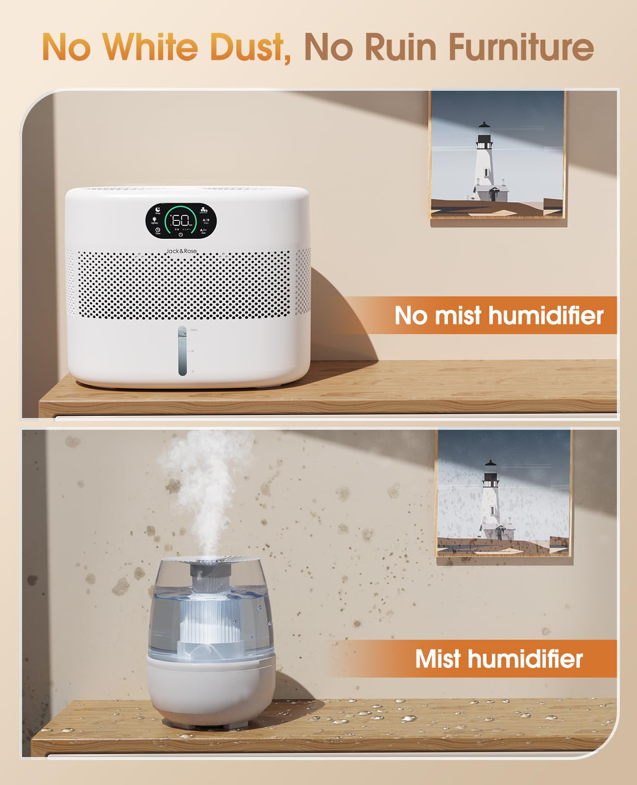 Reusable Wick Evaporative Humidifier for Large Bedrooms - 800ml/h Output, 3 Speed Settings, 2 Gallon Capacity with Auto Shut-Off & Timer | Quiet Operation, No White Dust | Perfect for Baby Nurseries, Home Offices & Dry Climate Relief