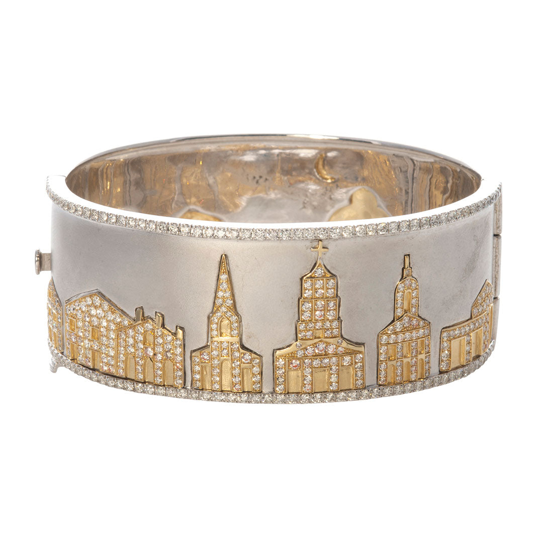 Elegant Charleston Skyline Cuff Bangle with Genuine Diamonds | Sterling Silver Statement Bracelet | Perfect for Evening Wear & Special Occasions