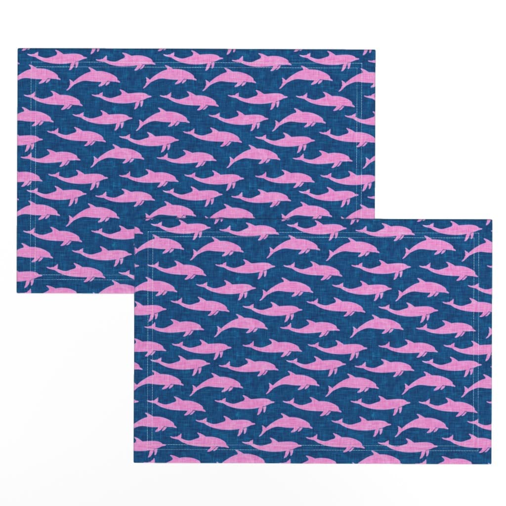 Premium Linen Cotton Canvas Placemats Set of 2 - Nautical Beach Watercolor Print with Pink Blue Dolphin Design for Dining Table Decor, Summer Party & Coastal Home Decor