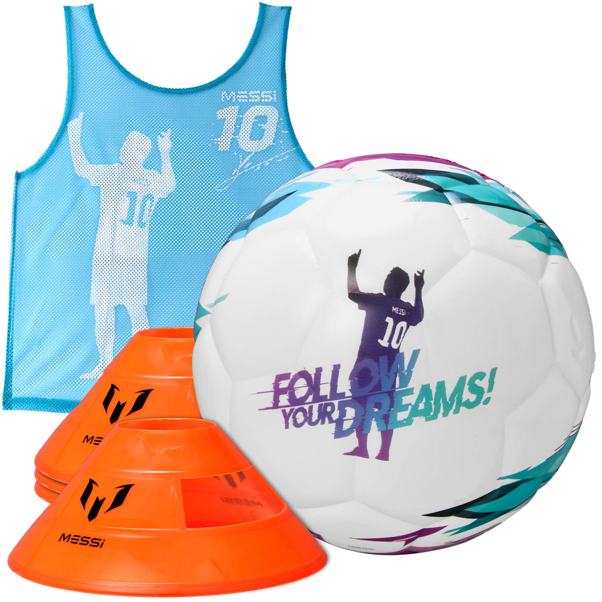 **Lionel Messi Kids Soccer Training Set - 7-Piece Youth Football Kit with Size 4 Soccer Ball, 4 Cones, Stopwatch & Vest - Perfect for Girls' Soccer Practice, Drills & Backyard Games**