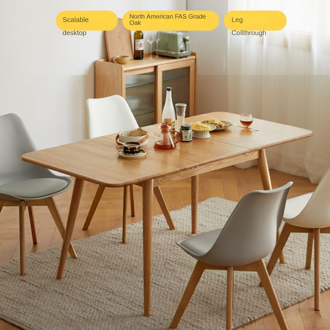Solid Oak Wood Extendable Dining Table - Expandable for 6 to 8 People - Perfect for Small Spaces & Family Gatherings