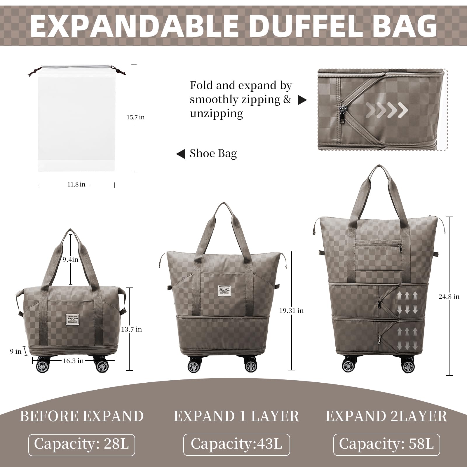 Expandable Rolling Duffle Bag with Wheels & Shoe Compartment - Travel & Weekender for Men & Women
