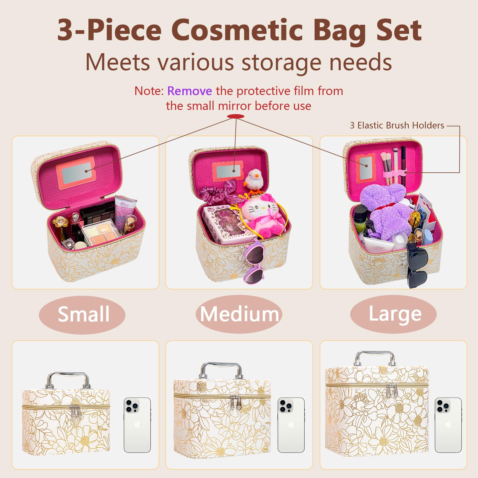 Weiwei 3-Piece Travel Makeup Train Case Set - Large Waterproof Flower Leather Cosmetic Organizer Bag with Mirror for Women | Perfect for Travel, Gym & Daily Use (White)