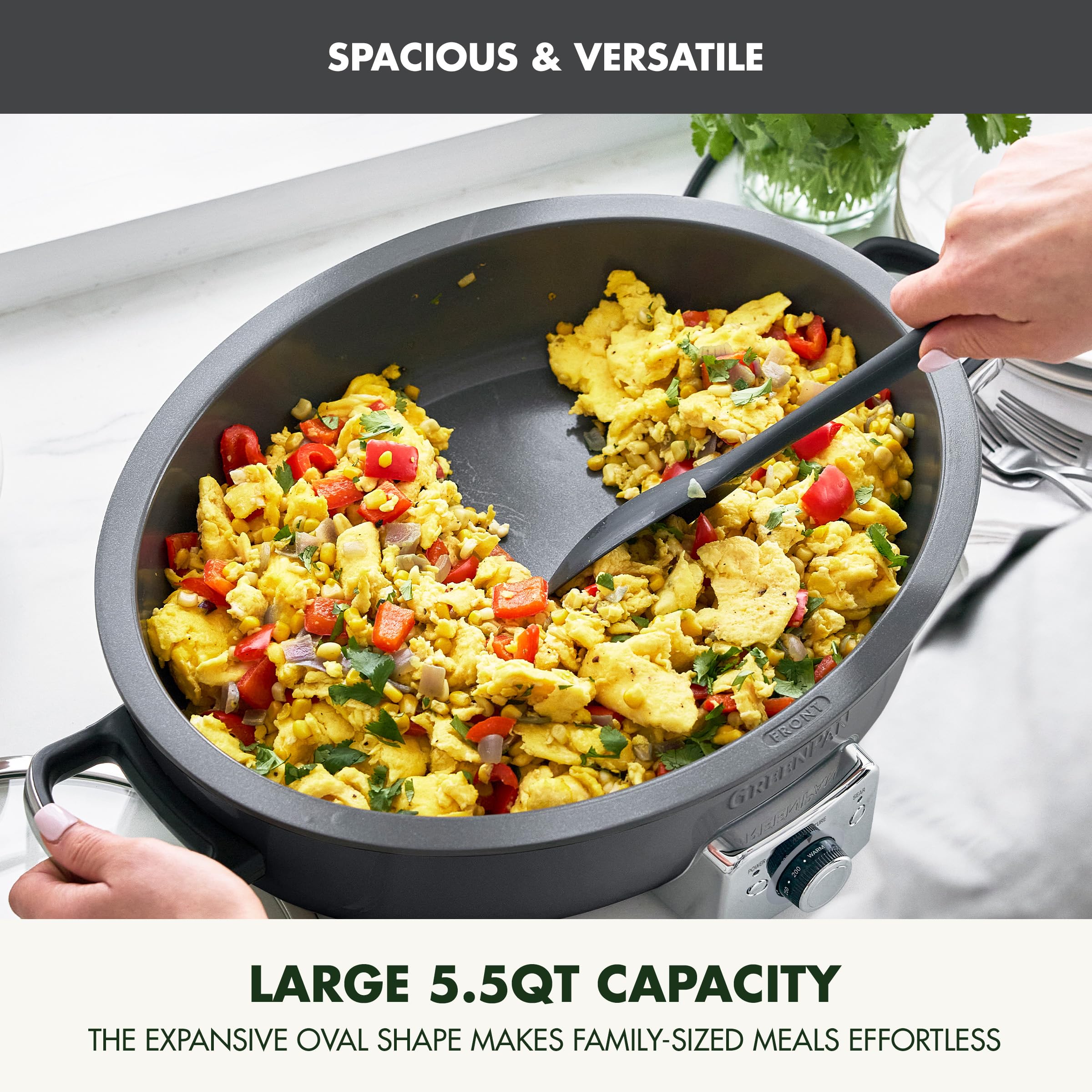 GreenPan Elite 5.5QT Electric Oval Skillet - PFAS-Free Ceramic Nonstick Cookware, 1800W Multi-Cooker with Adjustable Temperature Control, Dishwasher Safe Lid & Removable Pot - Perfect for Searing, Sautéing, Cooking Rice, Stir-Frying - Ideal for Family Dinners, Meal Prep & Healthy Cooking