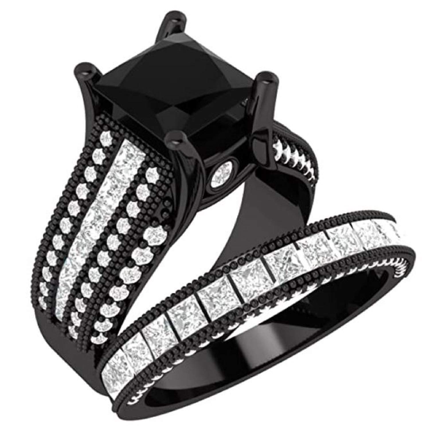 SRJEWELS Princess Cut Black CZ Diamond Wedding Ring Set for Women - Black Rhodium Plated Bridal Band, Anniversary Gift, Engagement Jewelry (Perfect for Weddings, Proposals & Special Occasions)