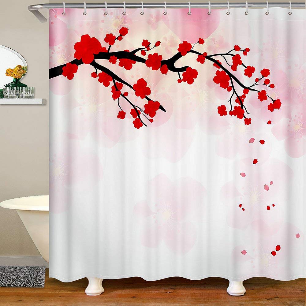 Cherry Blossom Shower Curtain - Chinese New Year Theme, Waterproof Bathroom Decor for Kids, Boys & Girls, 72