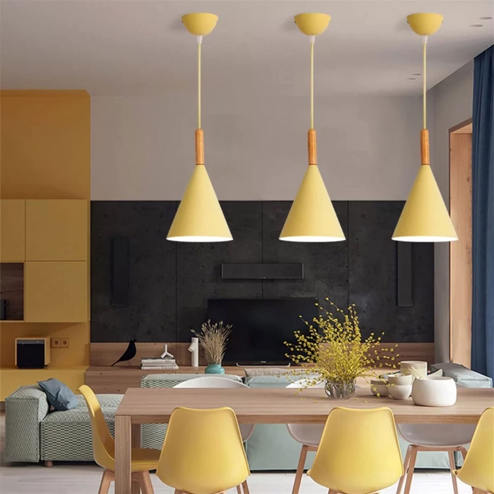 Modern Wood Pendant Lighting - Cone Shaped Ceiling Lamp with E27 Socket | Minimalist Hanging Chandelier for Kitchen Island, Dining Room, Living Room & Bedroom Decor | Warm Yellow Accent Lighting for Cozy Home Ambience