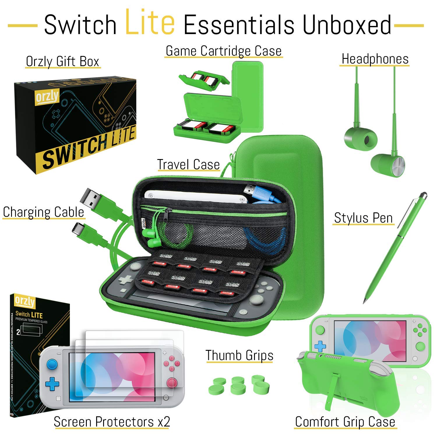 Orzly Nintendo Switch Lite Accessories Bundle - Protective Case, Screen Protector, USB Charging Cable, Game Card Holder, Comfort Grip, Headphones & Thumb Grips for Enhanced Gaming Experience - Green - Perfect for Travel, Home Entertainment & On-the-Go Gaming