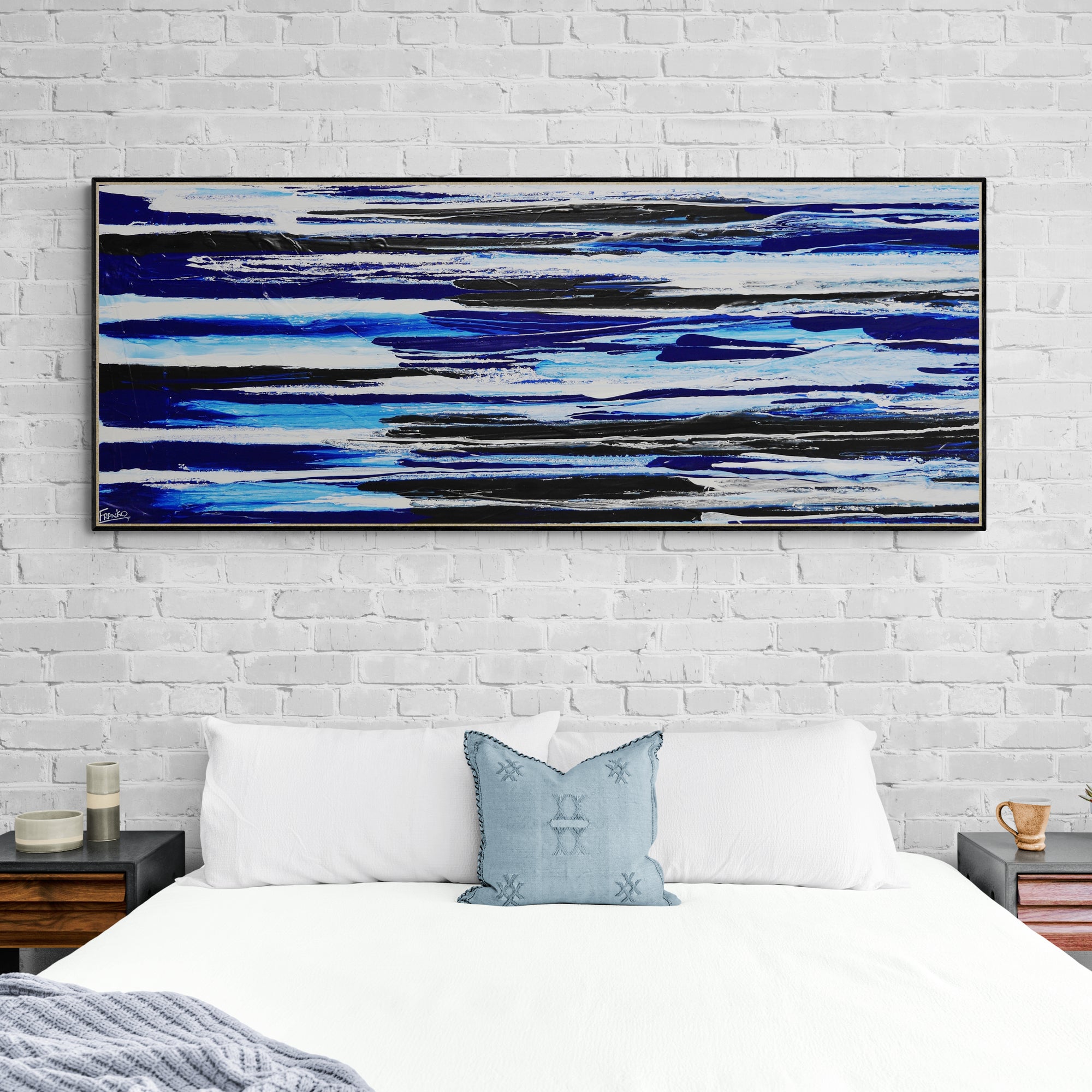Blue White Black Textured Abstract Painting - Sapphire Flow 200cm x 80cm Canvas Wall Art for Living Room, Bedroom & Office Decor