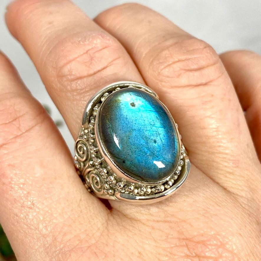 Boho Style Labradorite Oval Ring - Size 11 - Sterling Silver Handmade Jewelry - KRGJ2771 | Perfect for Festival, Wedding & Everyday Boho Fashion
