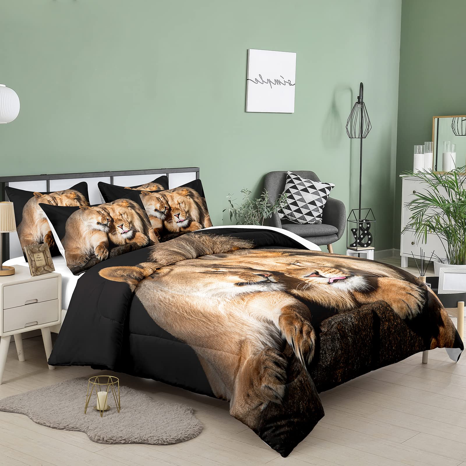 Bodhi Lover Couple Lion Comforter Set - Full Size Soft Microfiber Bedding with 1 Comforter & 2 Pillow Shams - Animal Print Lion Design #4004 - Perfect for Cozy Bedrooms, Kids Rooms & Bohemian Decor