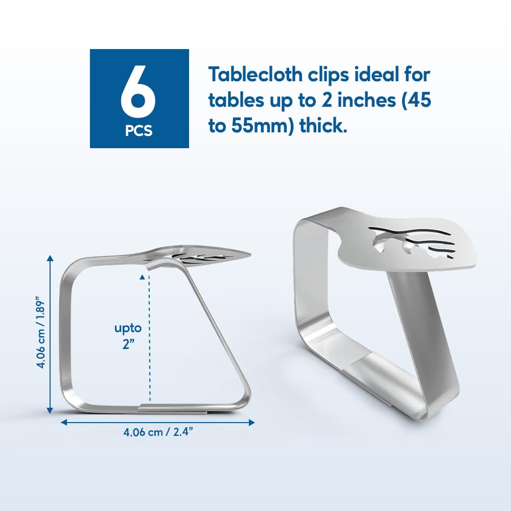 6 Pack Stainless Steel Picnic Tablecloth Clips - Heavy Duty Table Cloth Clamps for Outdoor Dining, Fits 1.9” Thick Tables - Perfect for BBQs, Camping, Beach Parties & Picnics