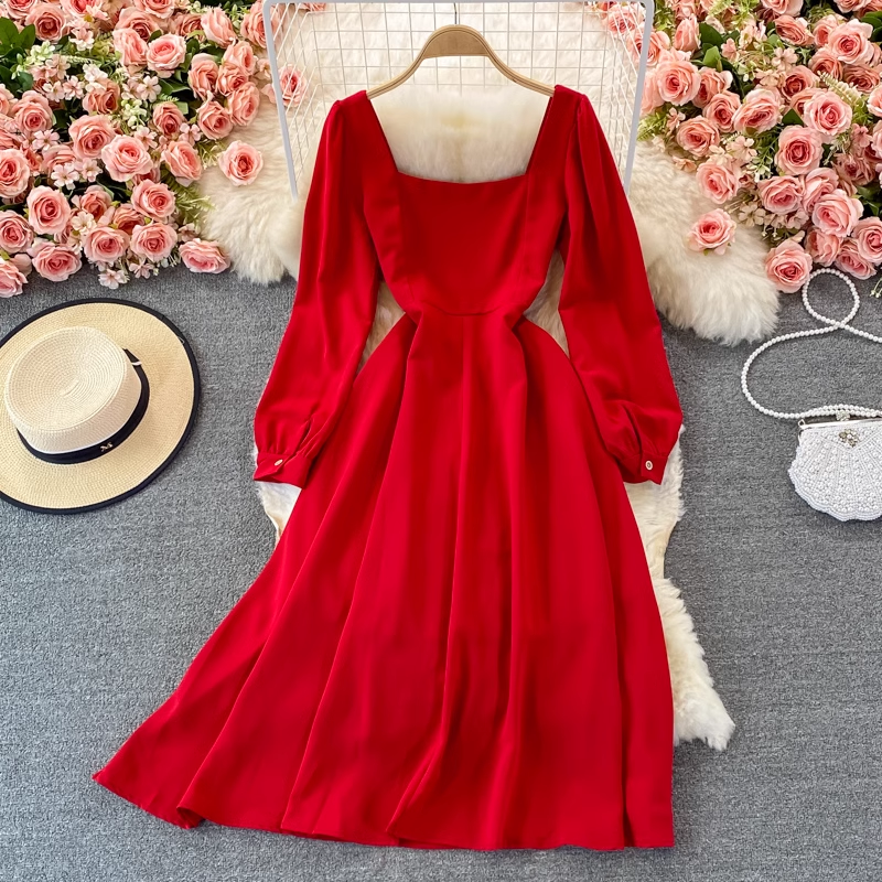 Vintage French Autumn Long Dress - Red Square Neck Elegant Midi Dress for Women | Perfect for Fall Weddings, Parties & Photo Shoots