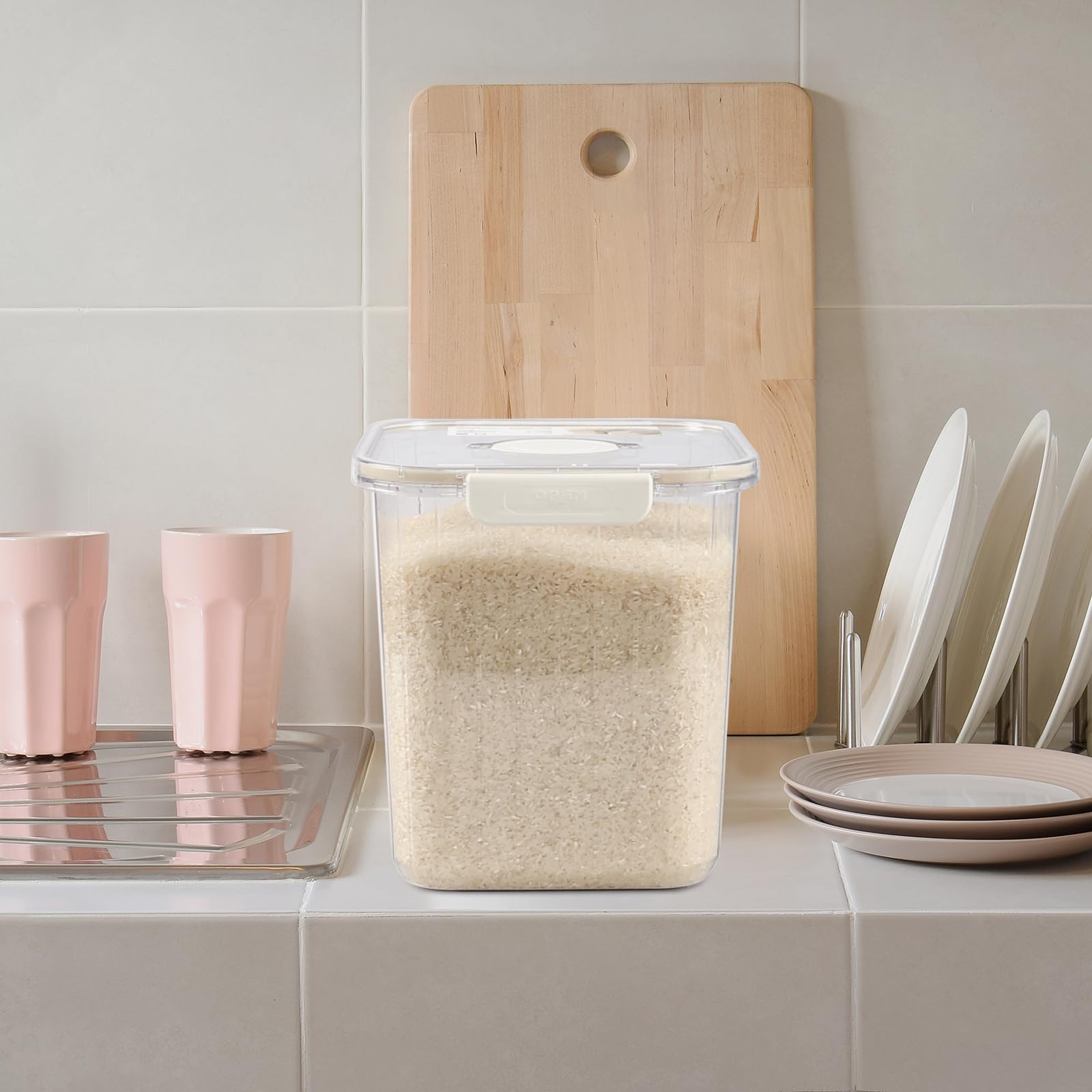 22 Lbs Airtight Rice Storage Container with Measuring Cup - Clear Plastic Food Storage Bin for Dry Goods (1 Pack) - Perfect for Kitchen Pantry, Bulk Rice, Flour, Sugar & Cereal Organization
