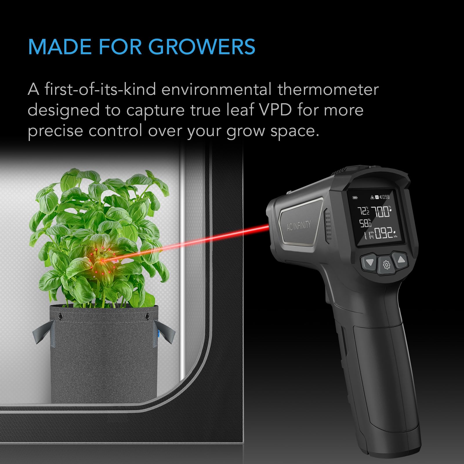 AC Infinity VPD Thermometer - Handheld Environmental Monitor for Leaf VPD & Temperature - Calibrates Smart Controllers with Precision Infrared - Ideal for Plants, Grow Tents, Greenhouses & Terrariums - Perfect for Indoor Gardening, Hydroponics & Climate Control