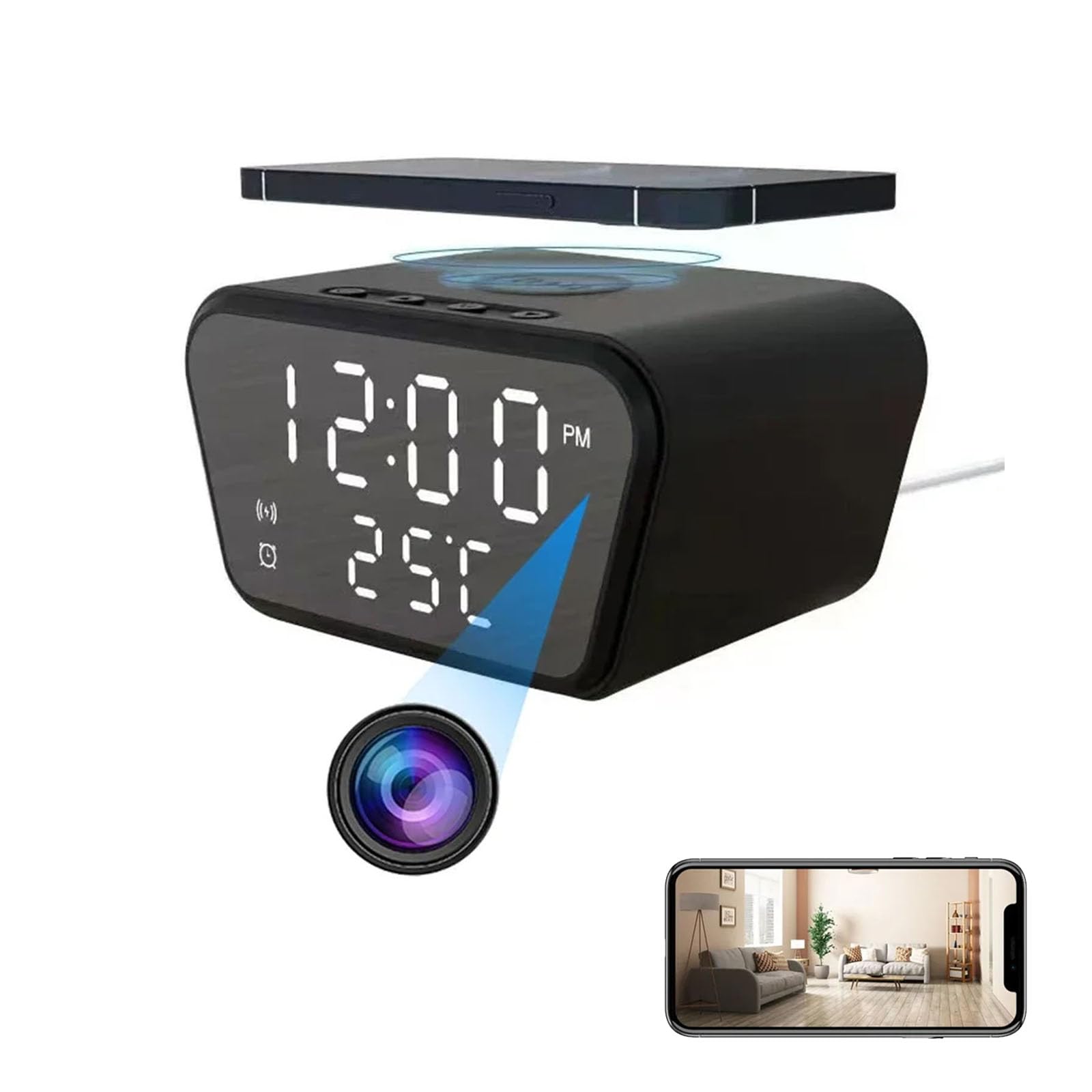 FKINGLRK Multifunctional Digital Alarm Clock with LED Display, Wireless Charger, Temperature Monitor & Hidden Camera - Auto Loop Recording for Home Security, Office Monitoring and Nightstand Use
