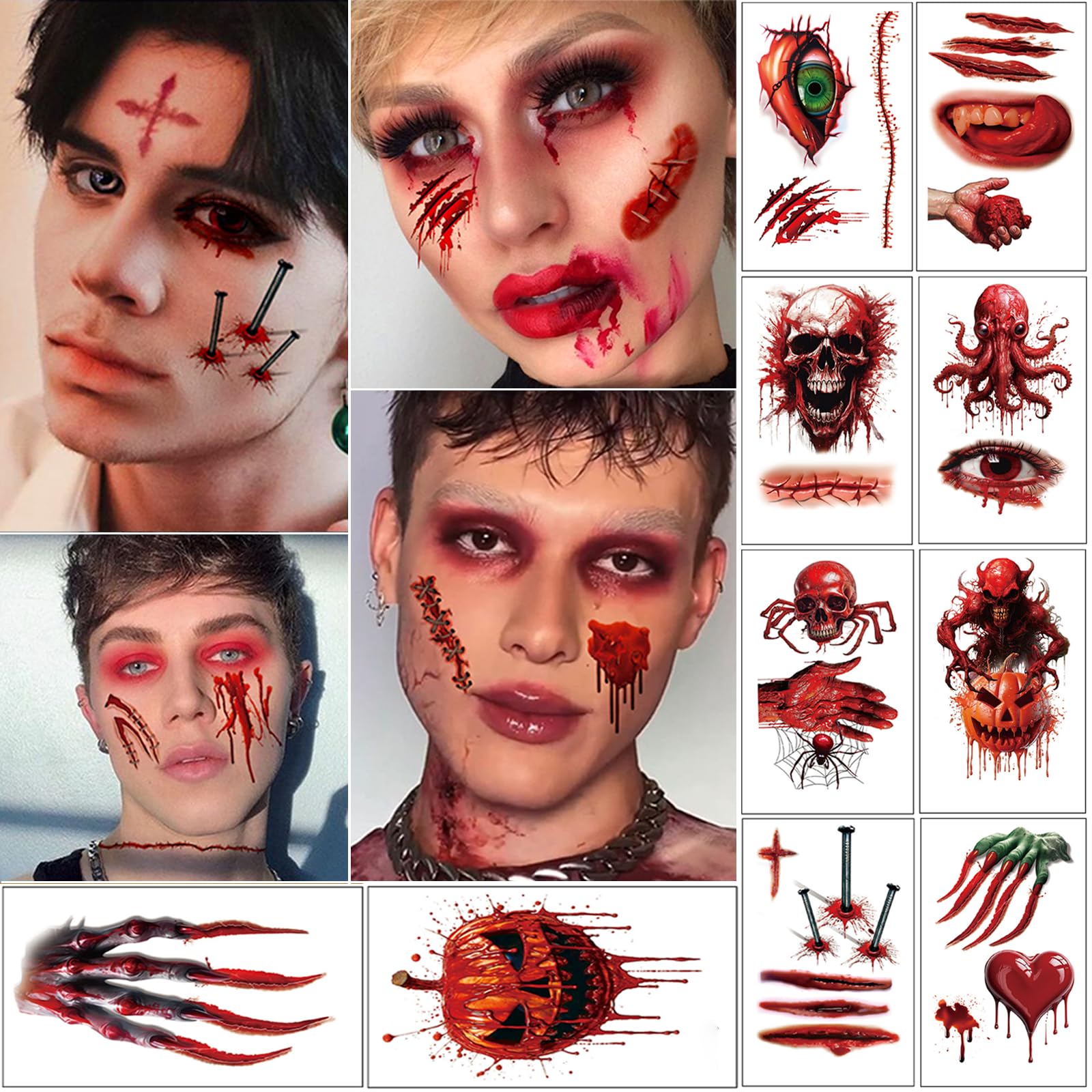 Waterproof Fake Zombie Scar Tattoos & Vampire Teeth Kit - 30 Sheets Halloween Makeup Stickers with Spider & Mouth Designs for Cosplay, Costume Parties, Horror Events & Scary Movie Nights