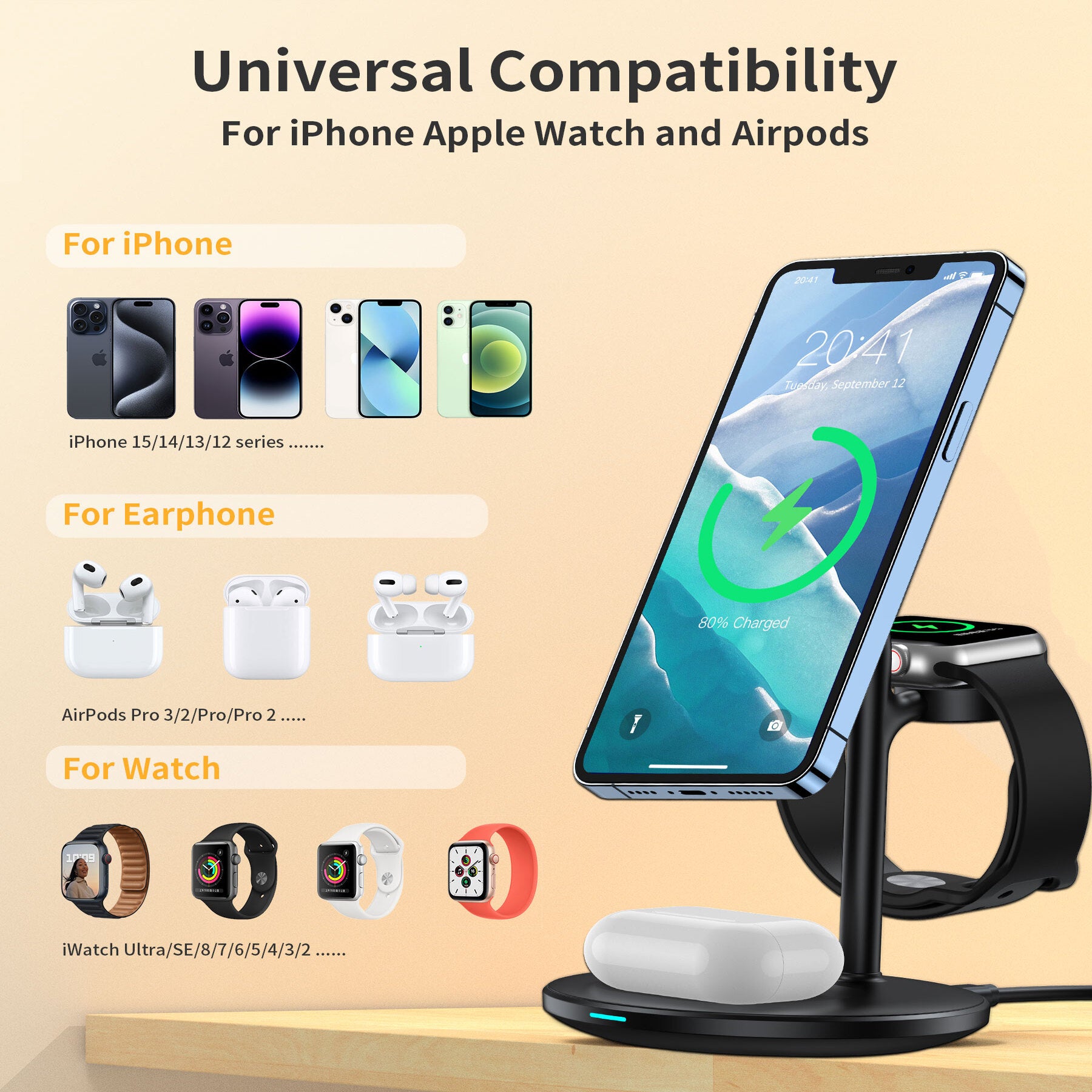 3 in 1 Magnetic Wireless Charger - 15W Fast Charging for iPhone 14/13/12, Apple Watch & AirPods | Multi-Device Charging Station | Perfect for Home, Office & Travel