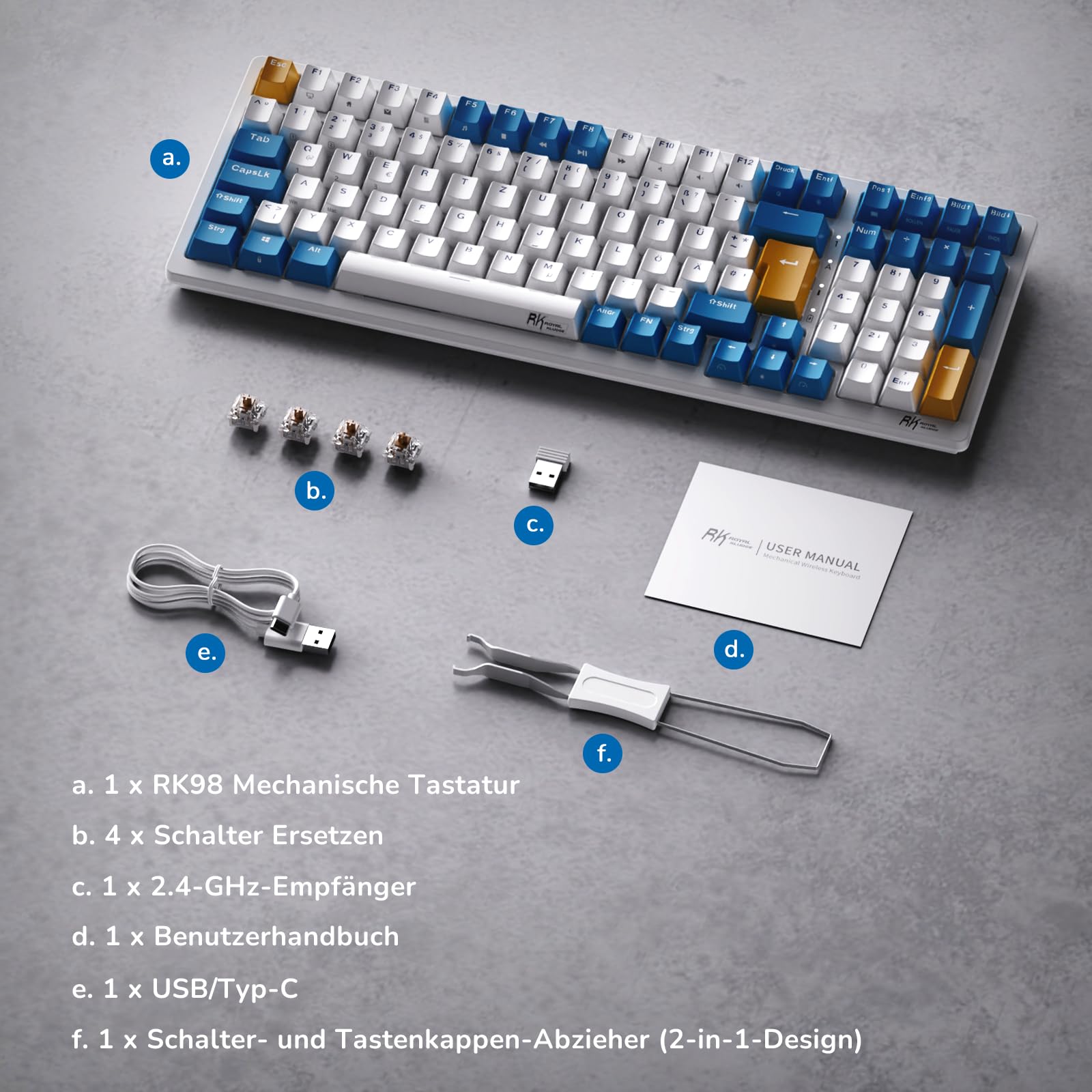RK ROYAL KLUDGE RK98 Wireless Mechanical Gaming Keyboard - 2.4G/Bluetooth 5.1/USB-C Triple Mode, RGB Backlit, Hot-Swappable Red Switches, 100-Key German QWERTZ Layout - Perfect for Gaming, Office Work & Typing (White)