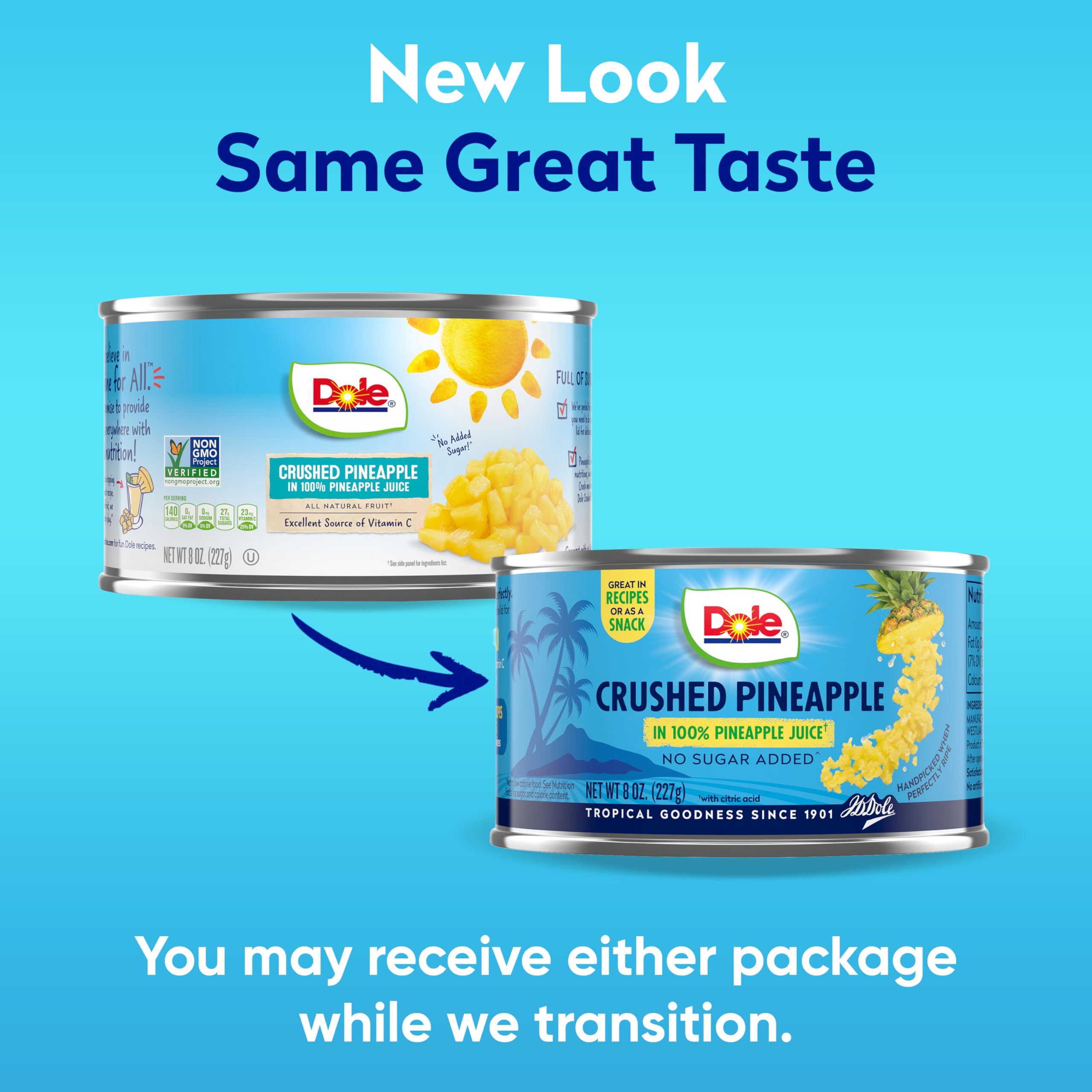 Dole Canned Crushed Pineapple in 100% Pineapple Juice - Gluten Free, Non-GMO, 8 Oz (Packaging May Vary) - Perfect for Smoothies, Baking & Cocktails