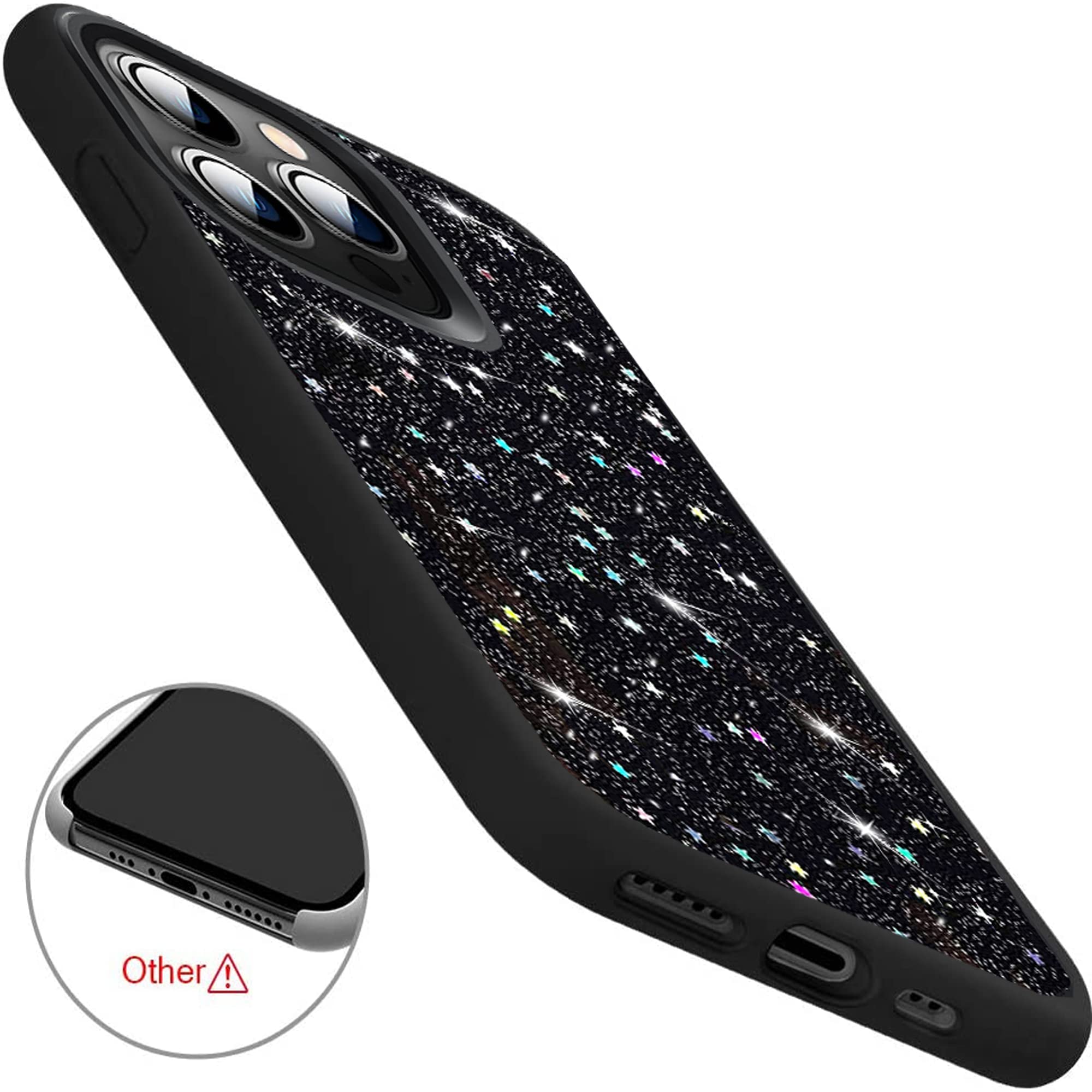 iPhone 14 Floral Case - Soft Clear Flexible TPU Phone Cover with Pressed Real Flowers & Glitter Accents | Compatible with iPhone 14 | Perfect Gift for Women & Girls | Everyday Protection & Stylish Design (Black)