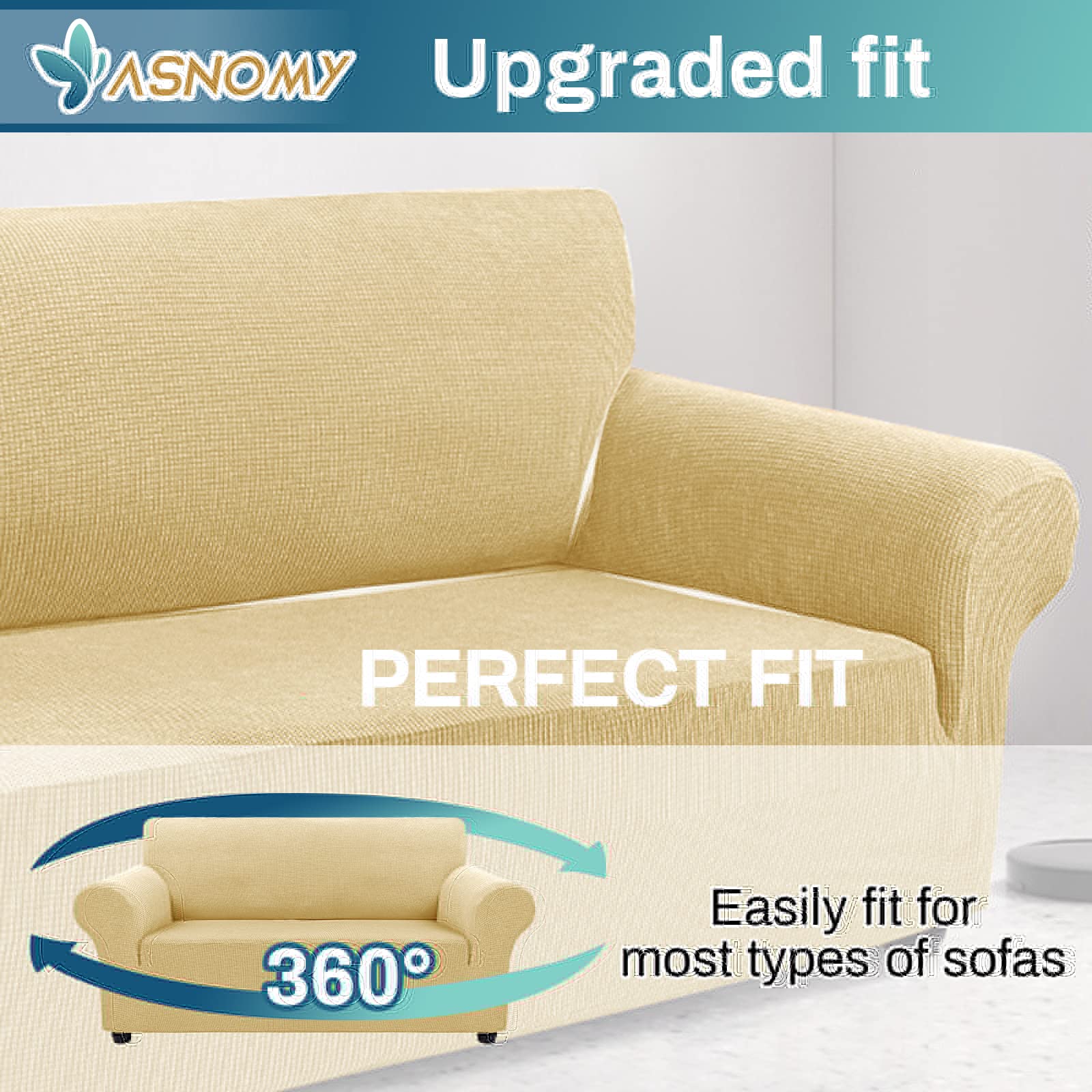 Stretch Sofa Slipcovers for 2-Cushion Loveseat - Pet Proof Jacquard Fabric Couch Covers with Small Checks - Medium Champagne (Home Decor, Living Room Furniture Protection)