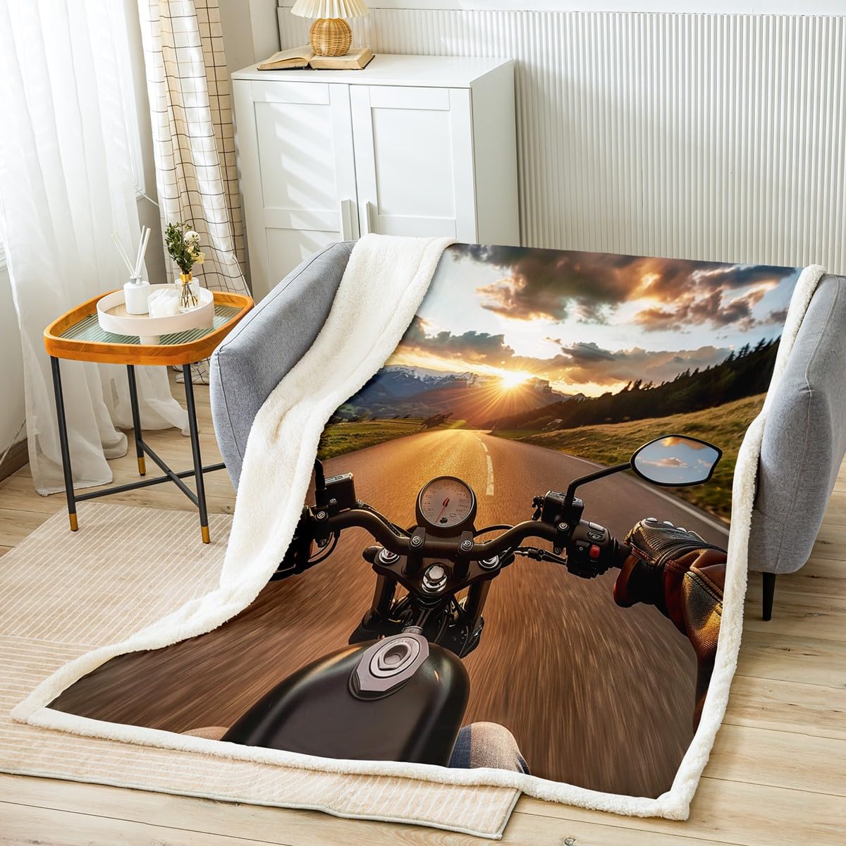 Motocross Rider Fleece Throw Blanket 50x60 Inch - Soft Dirt Bike Motorcycle Plush Blanket for Couch, Bed & Sofa - Cozy Sherpa Extreme Sports Blanket with Sunset Design - Perfect for Living Room Decor, Camping & Winter Warmth