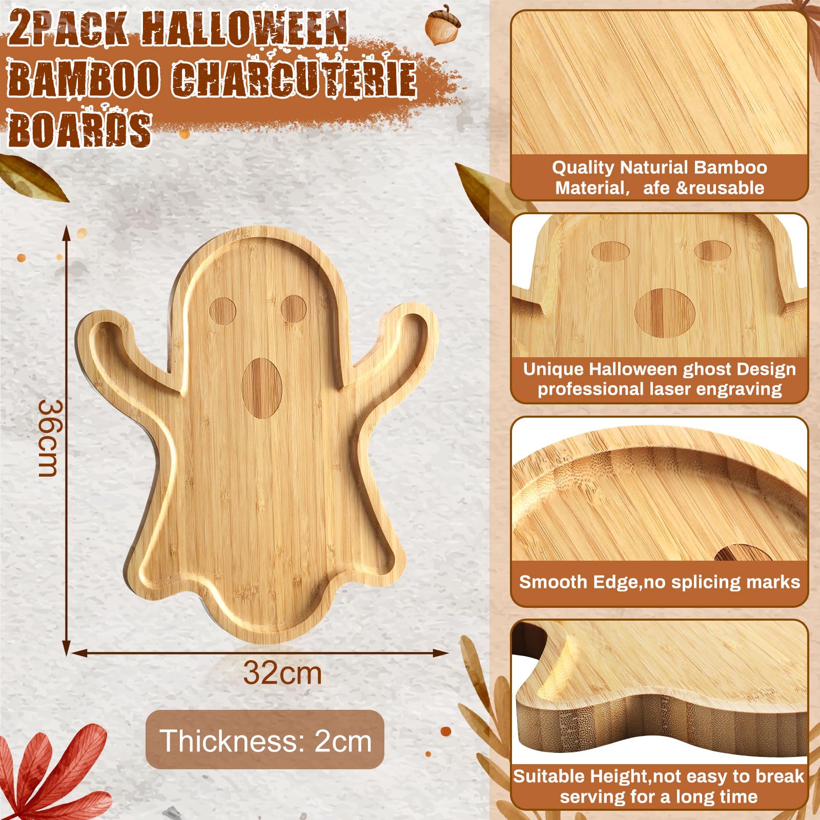 2-Piece Halloween Charcuterie Board Set - Funny Ghost-Shaped Bamboo Cheese Platter & Serving Tray for Candy, Cookies, Appetizers - 12.6 x 14.2 Inch Halloween Party Dinnerware for Home Gatherings & Spooky Decor